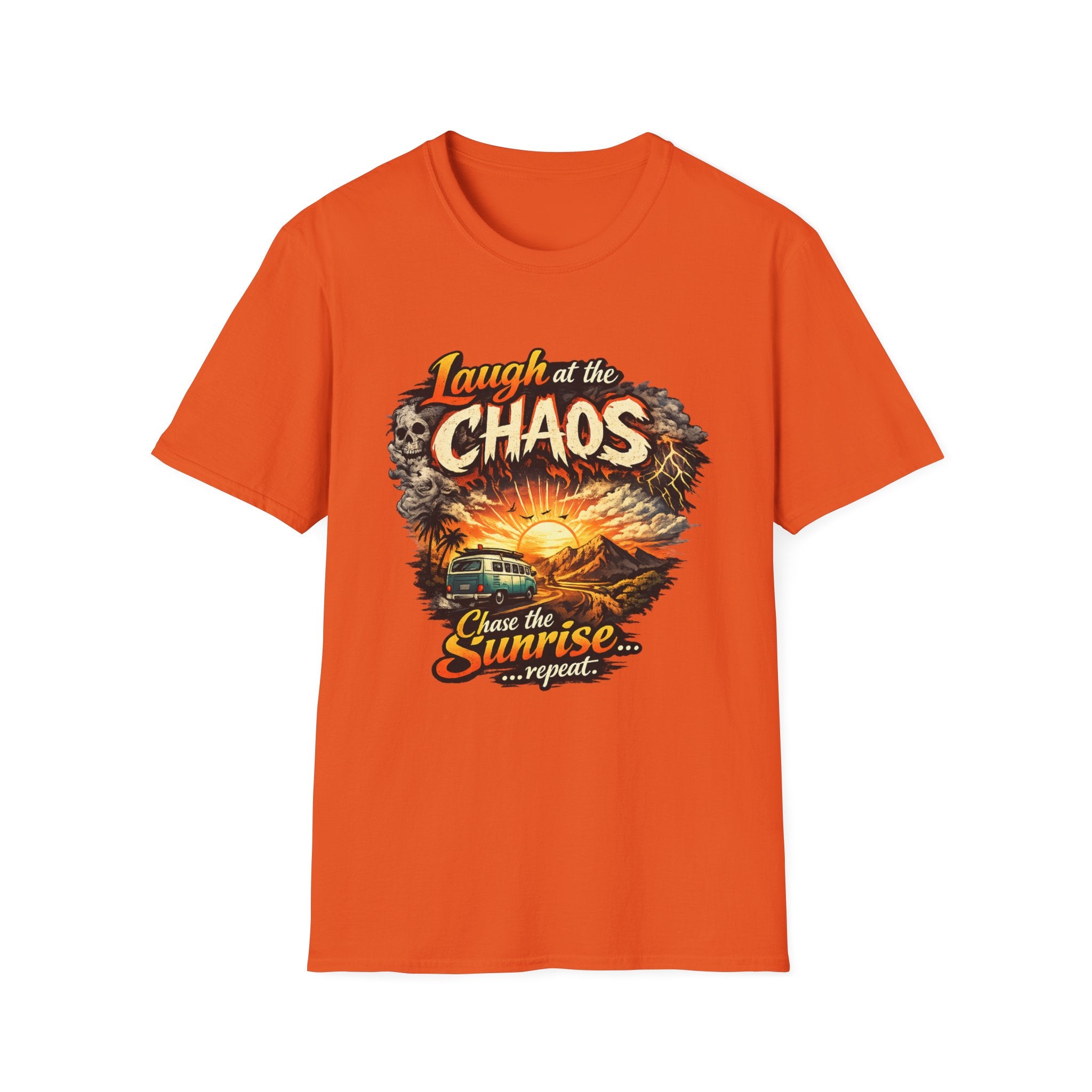 Laugh at the Chaos Sunset Road Trip T-Shirt — "Chase the Sunrise" Adventure Tee