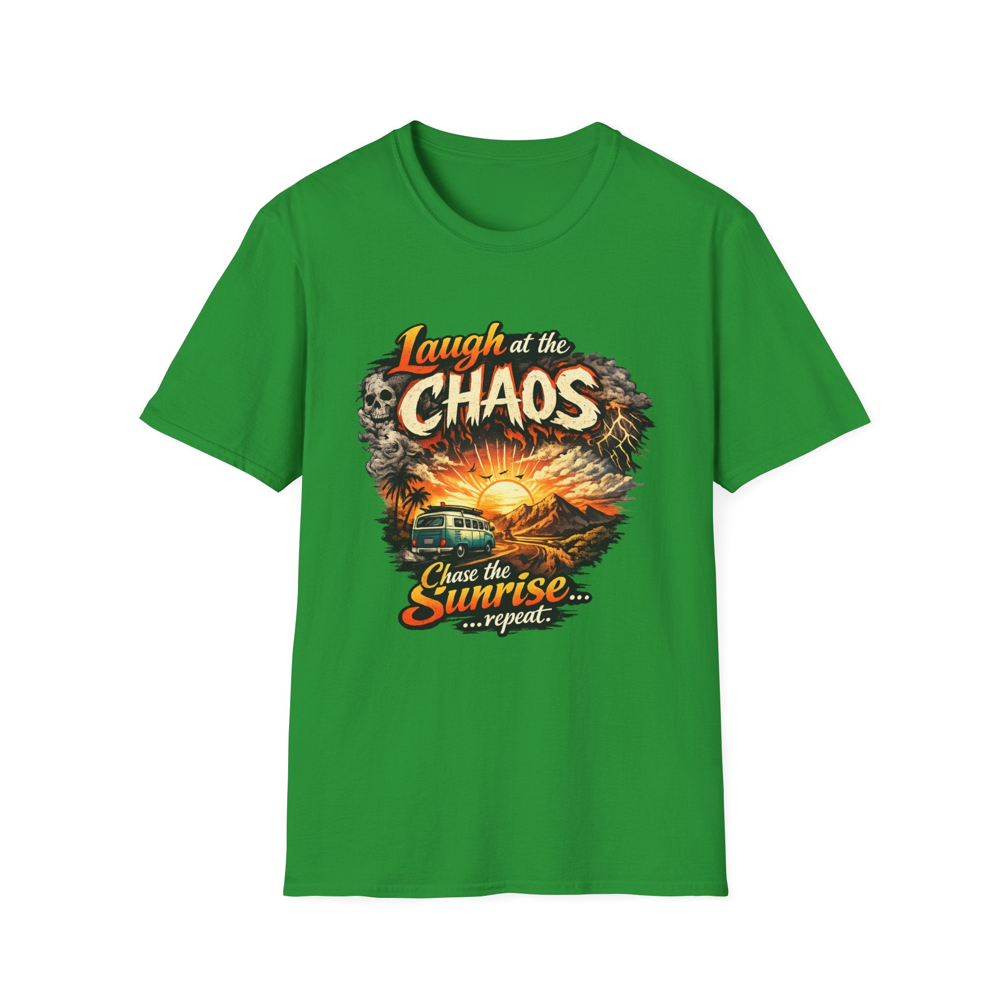 Laugh at the Chaos Sunset Road Trip T-Shirt — "Chase the Sunrise" Adventure Tee
