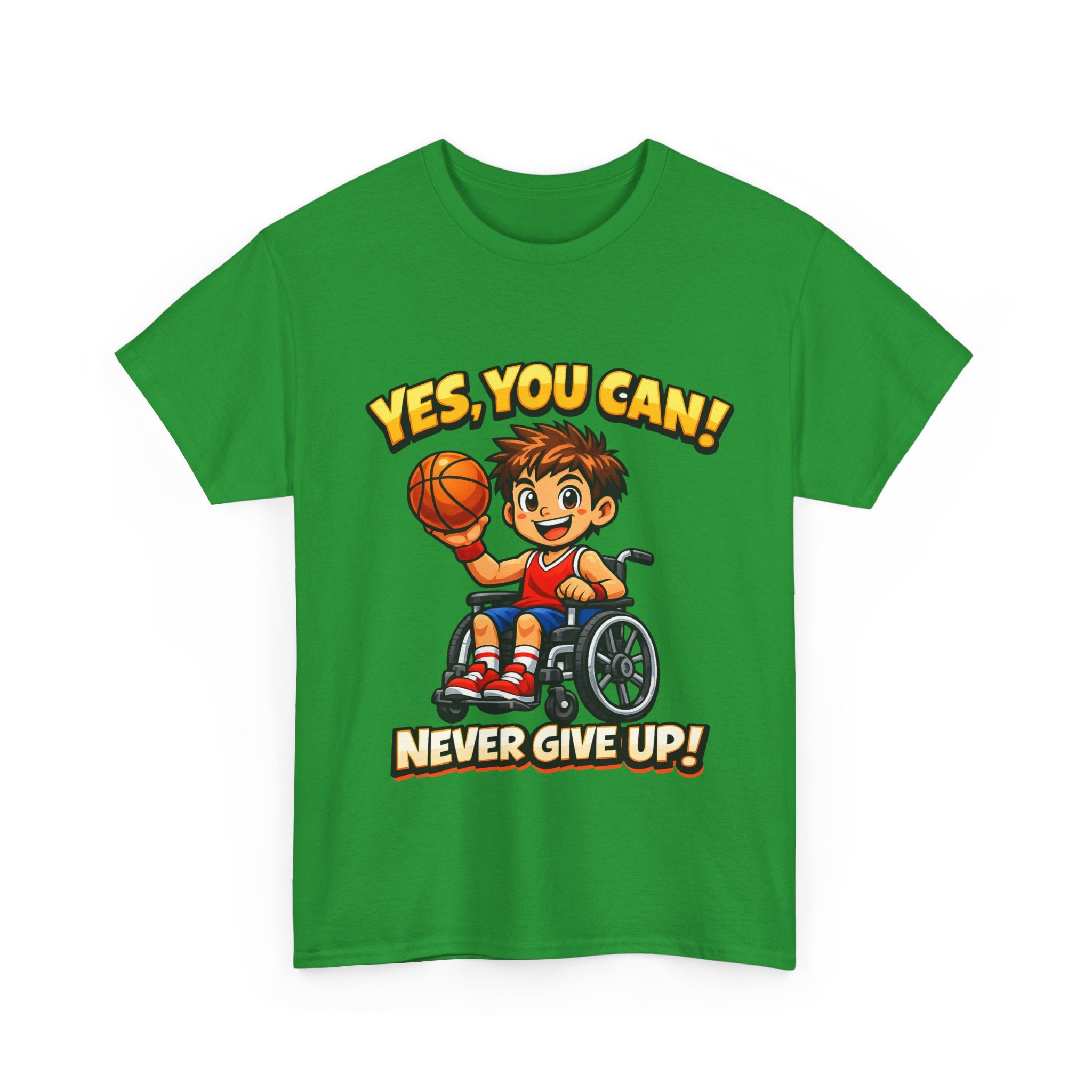 Youth Wheelchair Basketball T‑Shirt — "Yes, You Can! Never Give Up!" Motivational Tee