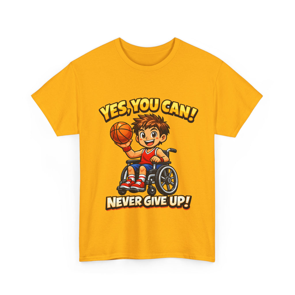 Youth Wheelchair Basketball T‑Shirt — "Yes, You Can! Never Give Up!" Motivational Tee