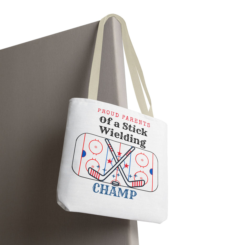 Hockey Mom/Dad Tote — "Proud Parents of a Stick Wielding Champ" Tote Bag