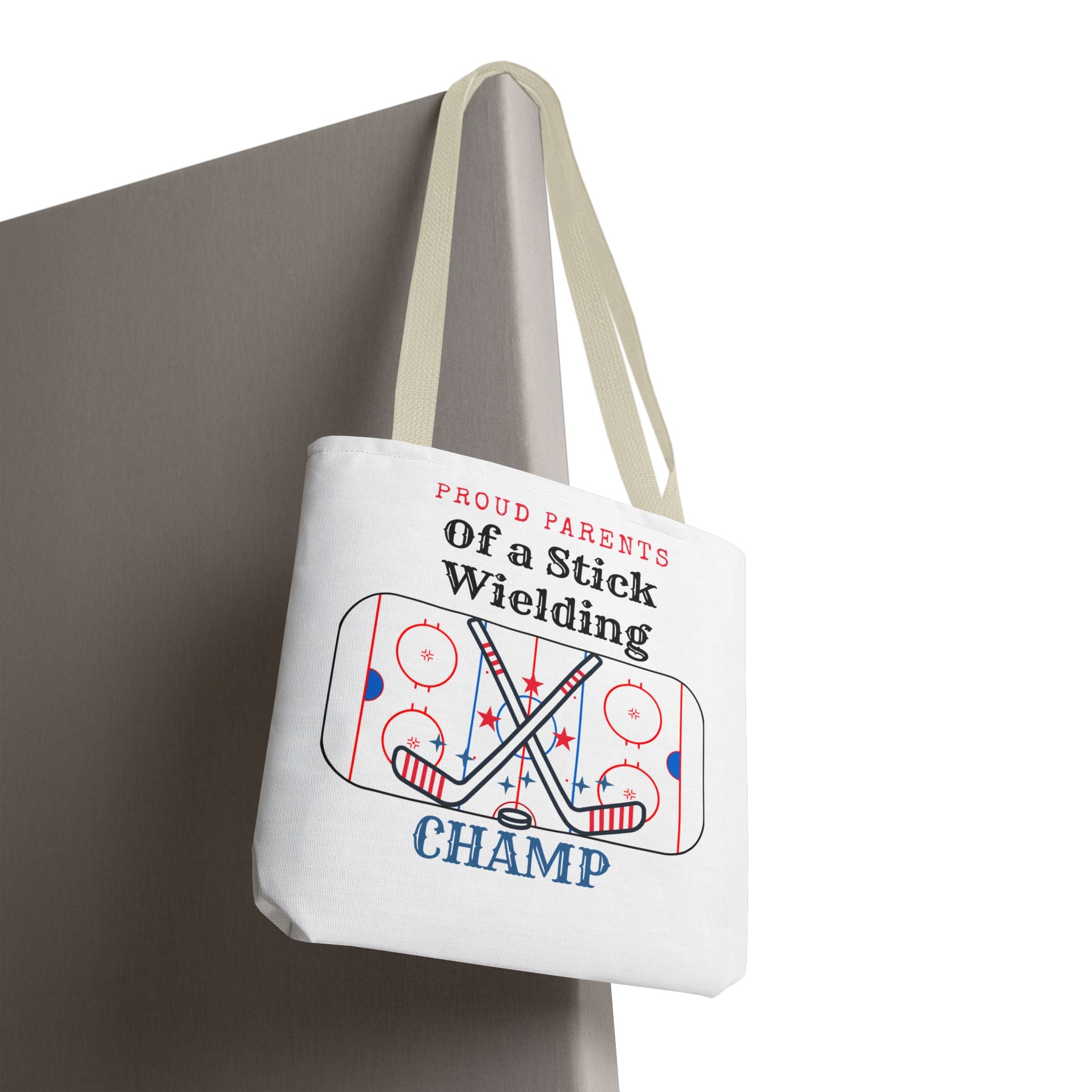Hockey Mom/Dad Tote — "Proud Parents of a Stick Wielding Champ" Tote Bag