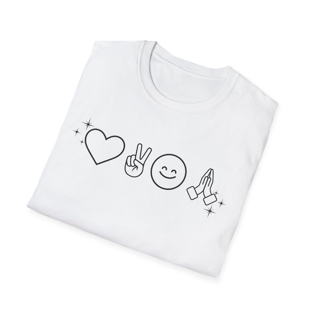 Peace Love Pray Minimal Emoji T‑Shirt — Heart, Peace, Smile, Praying Hands Graphic Tee