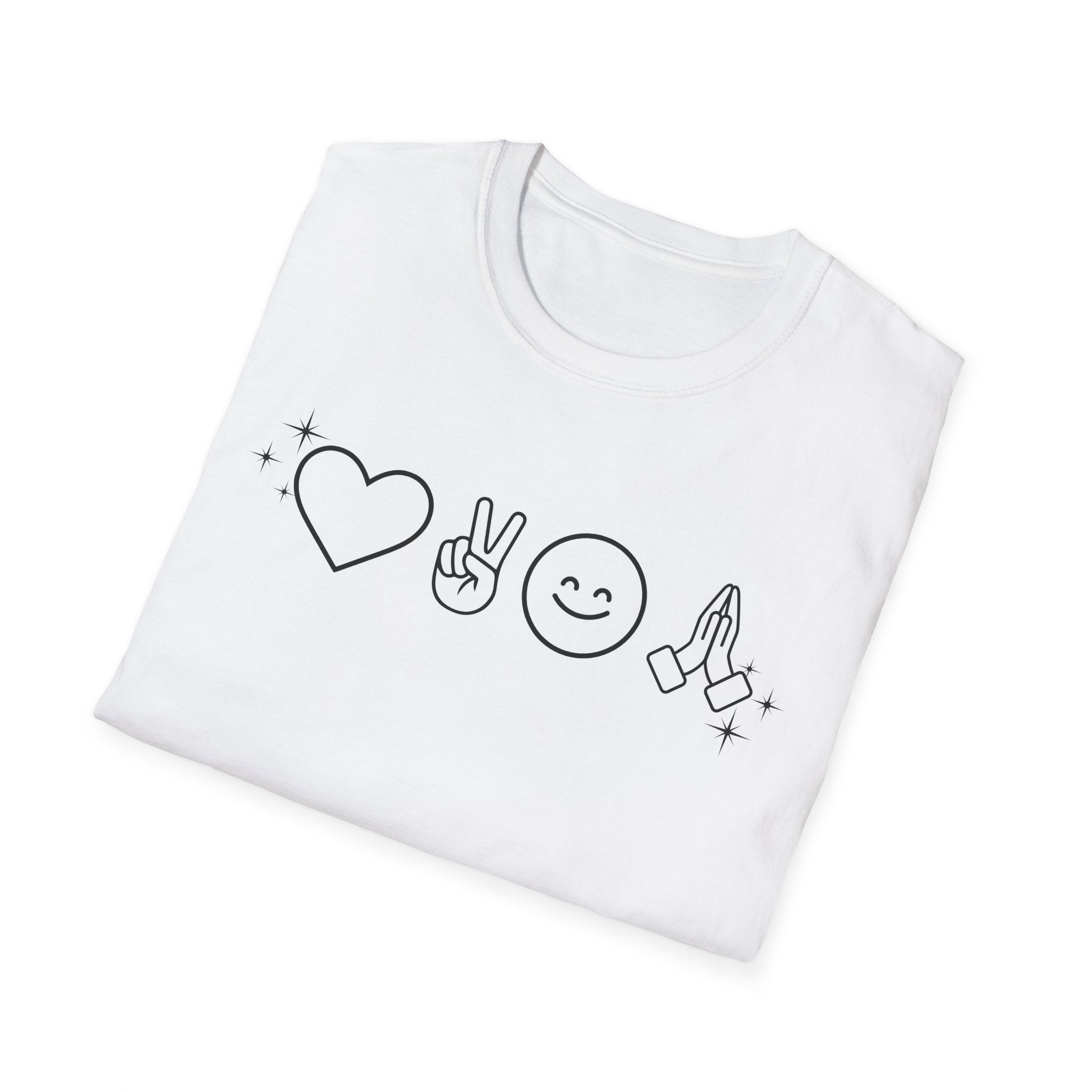 Peace Love Pray Minimal Emoji T‑Shirt — Heart, Peace, Smile, Praying Hands Graphic Tee