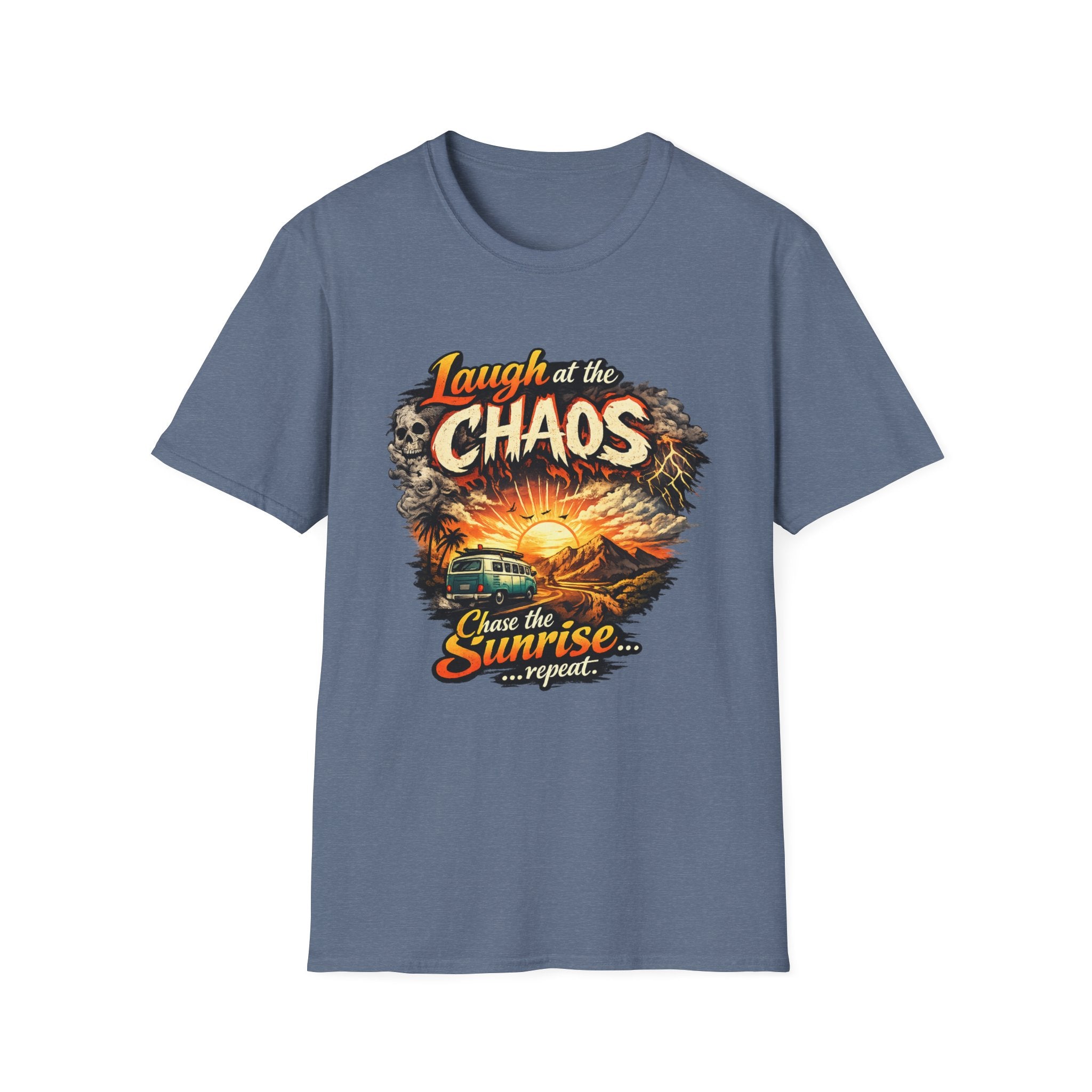 Laugh at the Chaos Sunset Road Trip T-Shirt — "Chase the Sunrise" Adventure Tee