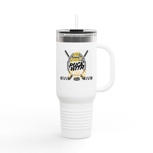 40oz Insulated Travel Mug — 'Puck Witch' Hockey Graphic Stainless Tumbler
