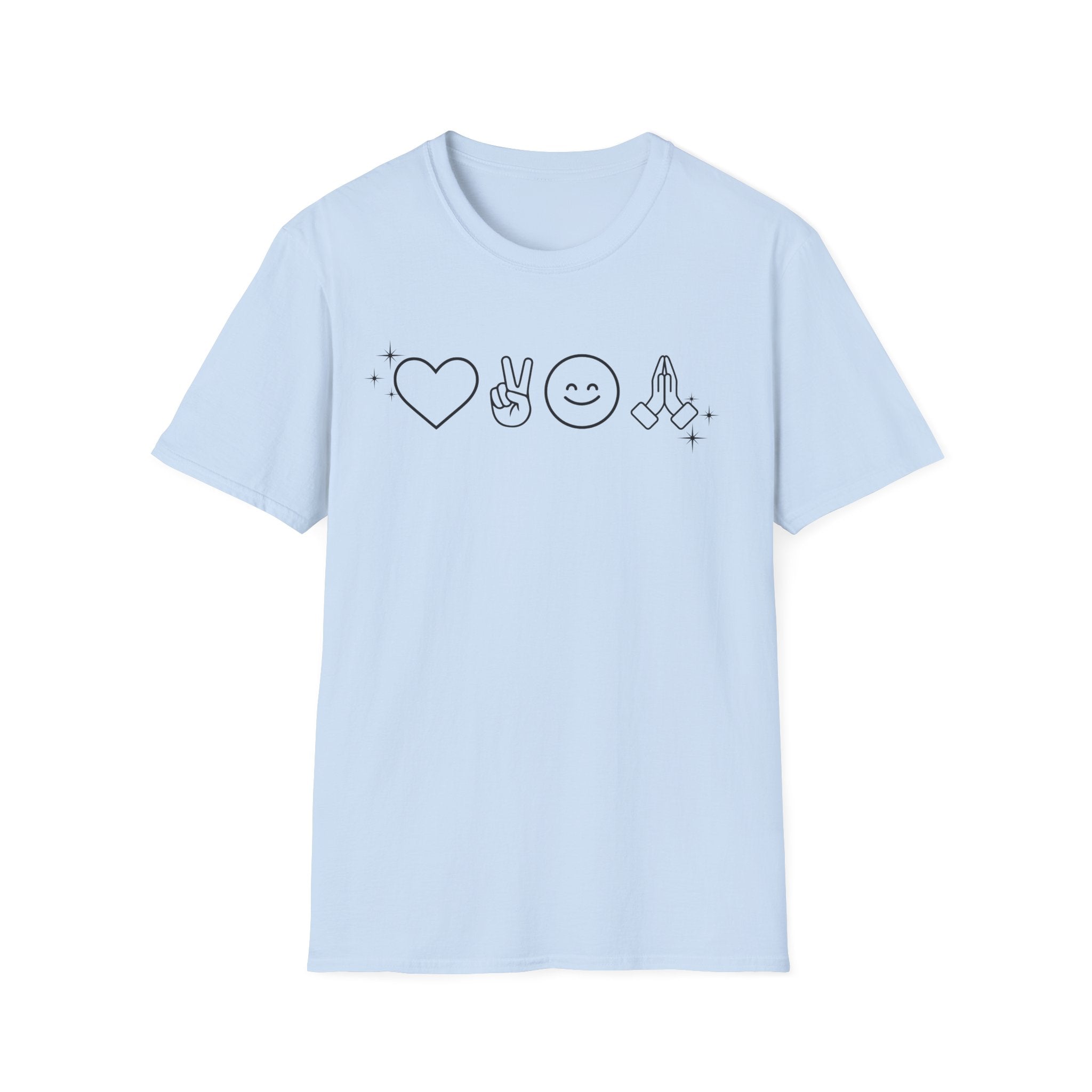 Peace Love Pray Minimal Emoji T‑Shirt — Heart, Peace, Smile, Praying Hands Graphic Tee
