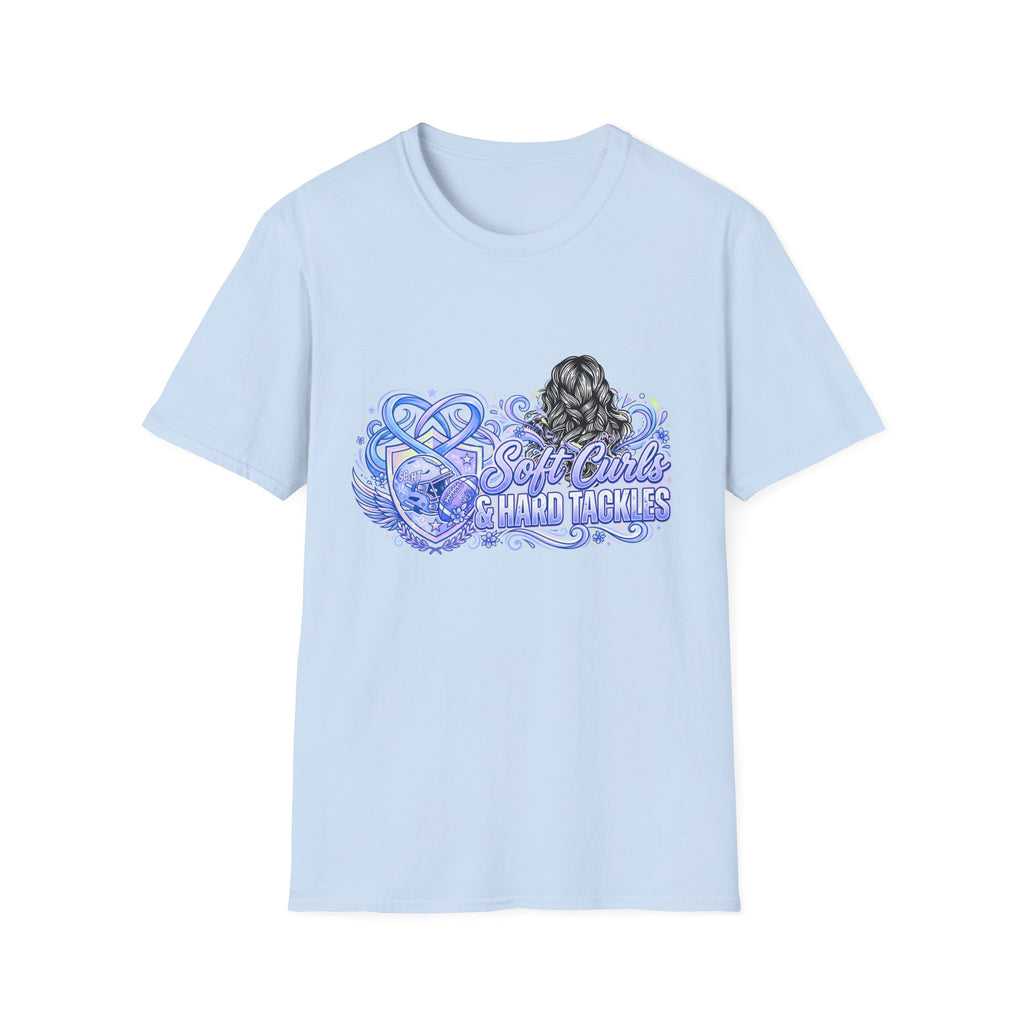 Soft Curls, Sharp Tackles T-Shirt — Women’s Football Mom Graphic Tee