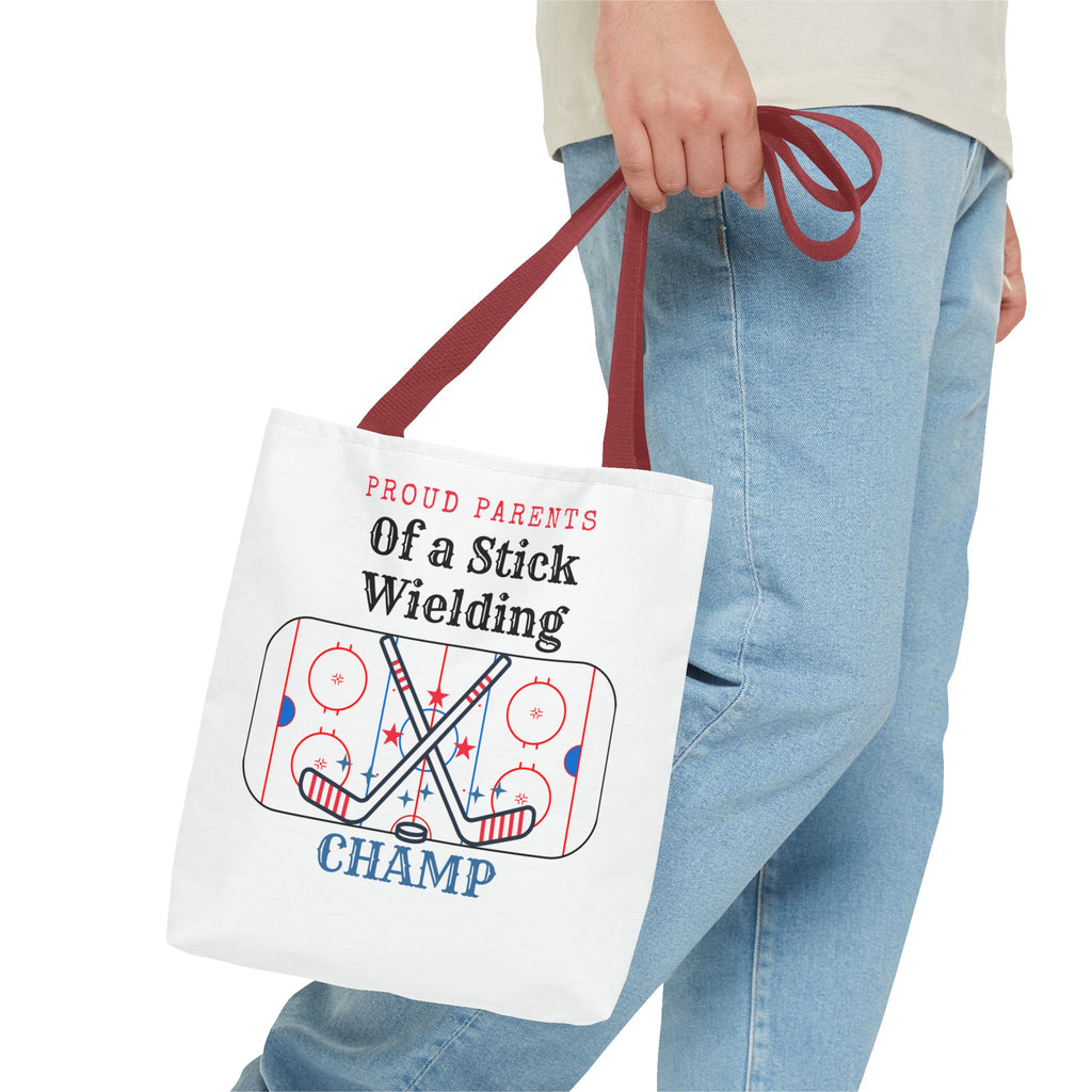Hockey Mom/Dad Tote — "Proud Parents of a Stick Wielding Champ" Tote Bag