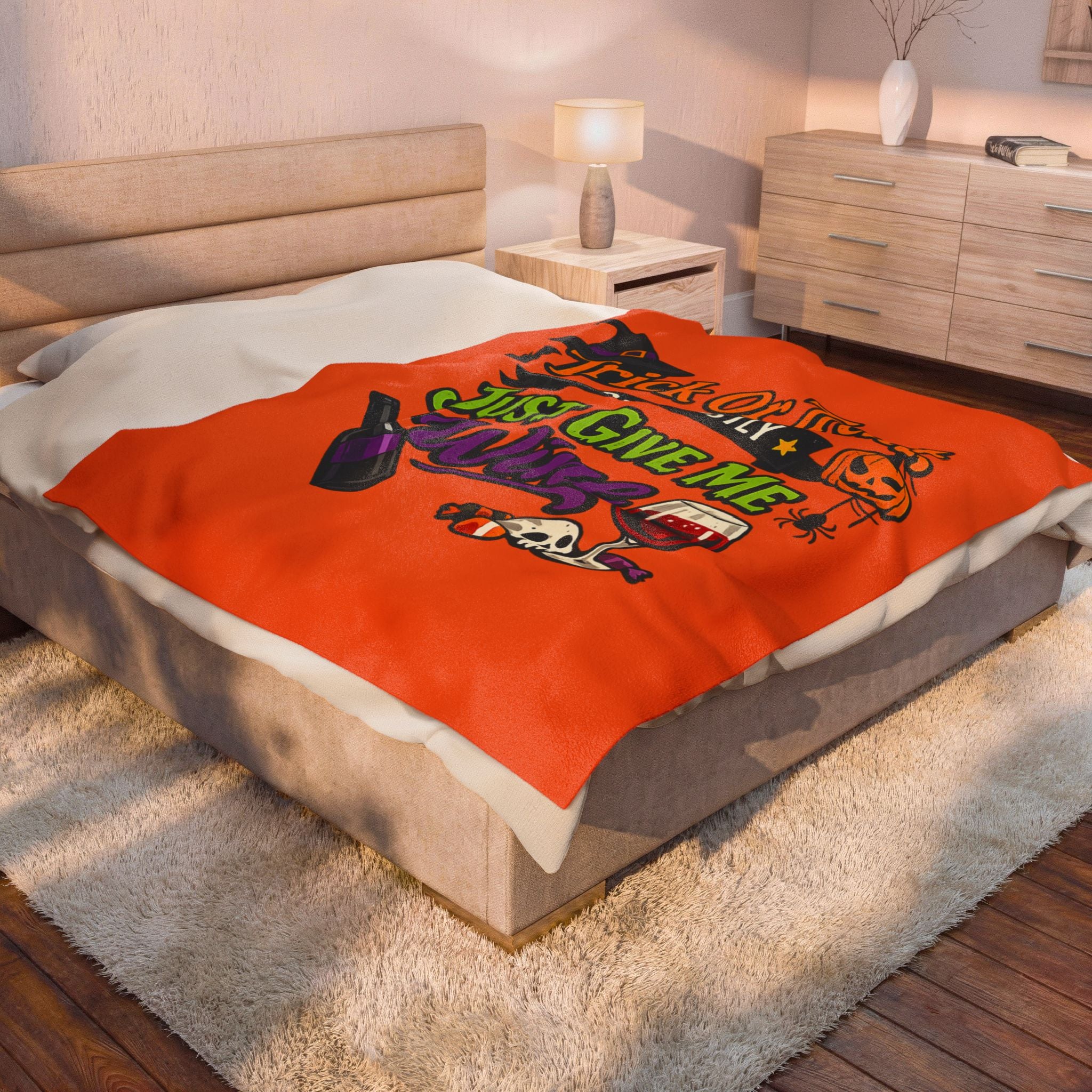Velveteen Plush Blanket - 'Trick or Treat But Mostly Just Give Me Wine' Halloween Wine Lover Throw