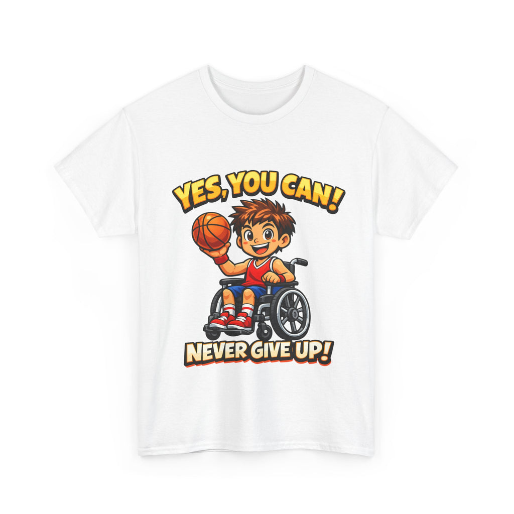 Youth Wheelchair Basketball T‑Shirt — "Yes, You Can! Never Give Up!" Motivational Tee