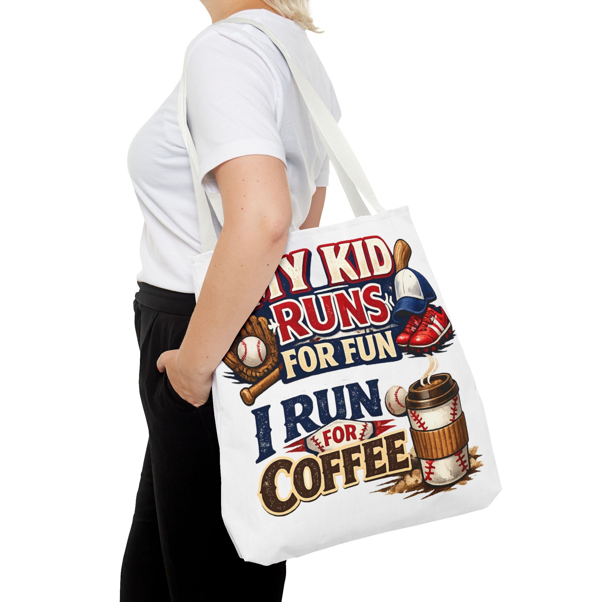 Tote Bag — "My Kid Runs for Fun, I Run for Coffee" Baseball Mom Tote