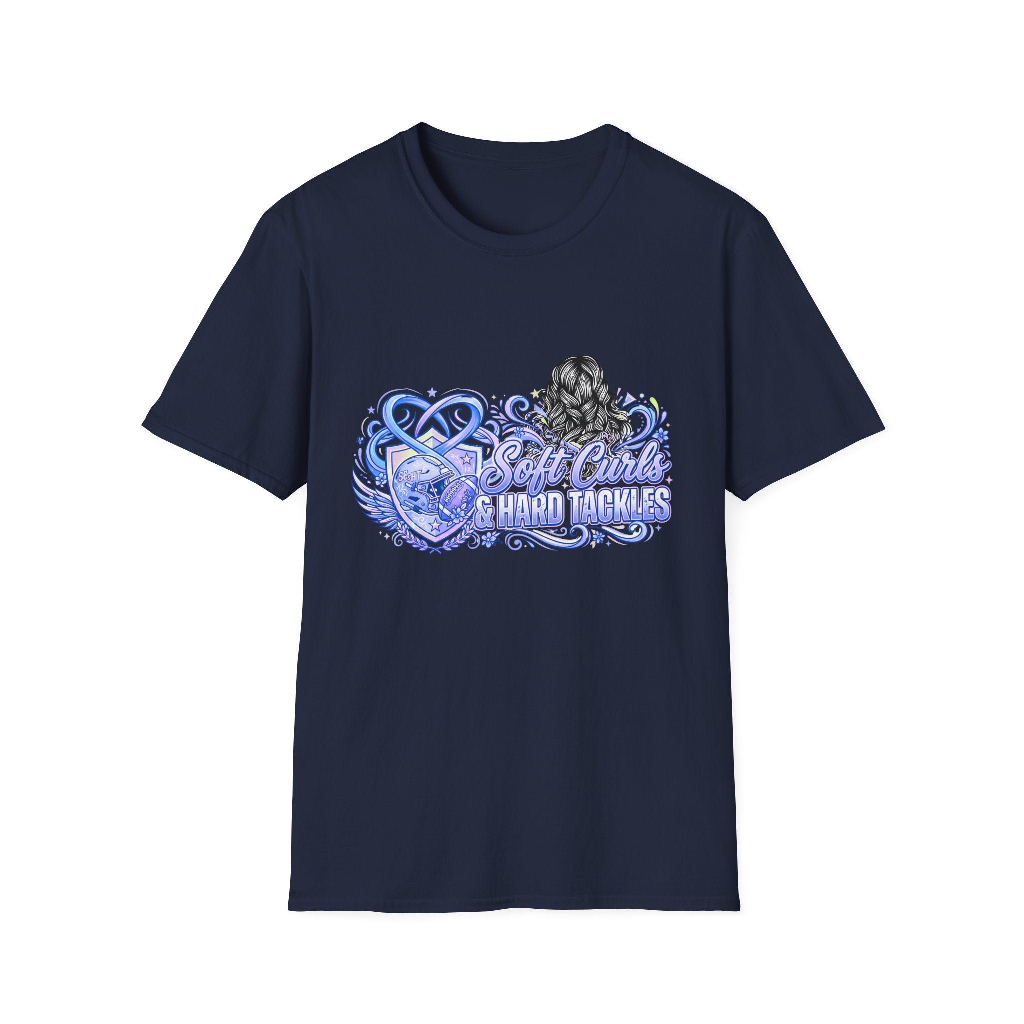 Soft Curls, Sharp Tackles T-Shirt — Women’s Football Mom Graphic Tee