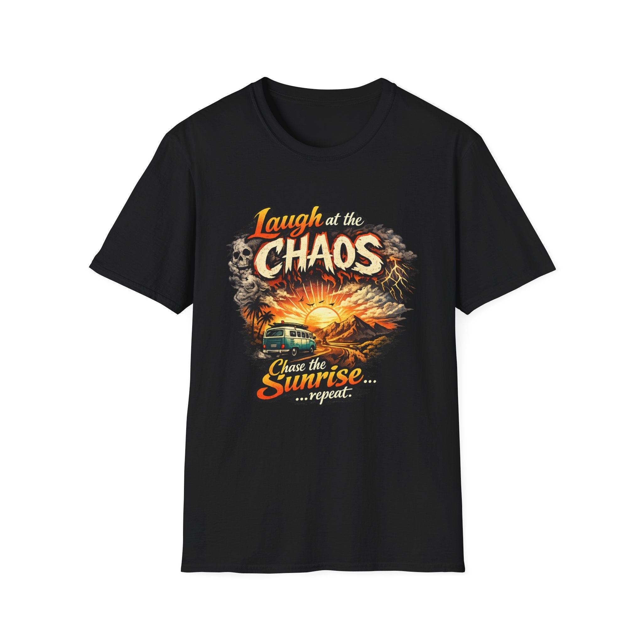 Laugh at the Chaos Sunset Road Trip T-Shirt — "Chase the Sunrise" Adventure Tee