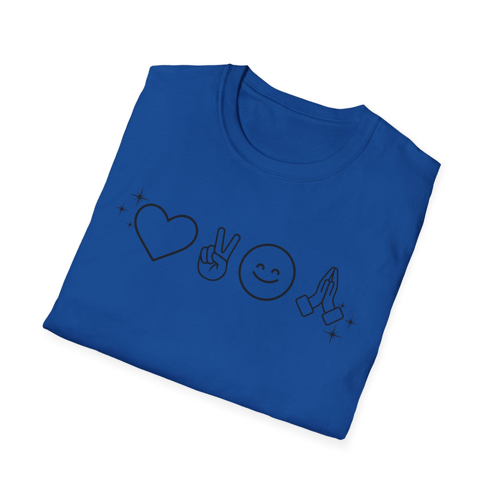 Peace Love Pray Minimal Emoji T‑Shirt — Heart, Peace, Smile, Praying Hands Graphic Tee