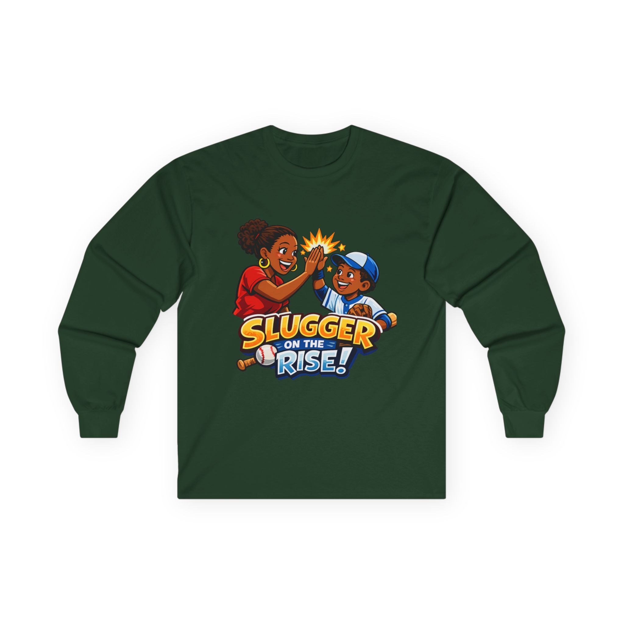 Long Sleeve Tee — "Slugger on the Rise" Kids Baseball High-Five Shirt