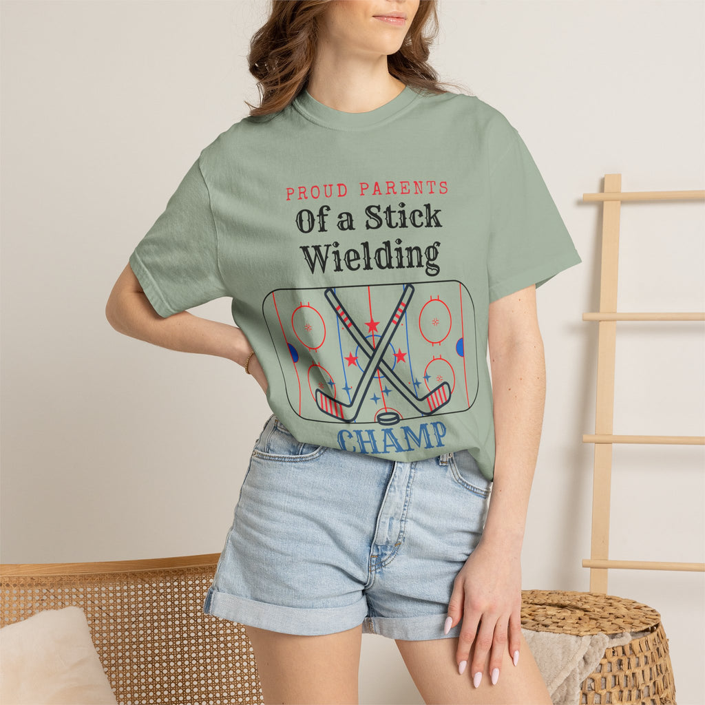 Proud Parents Of a Stick Wielding Champ T-Shirt — Hockey Mom/Dad Tee