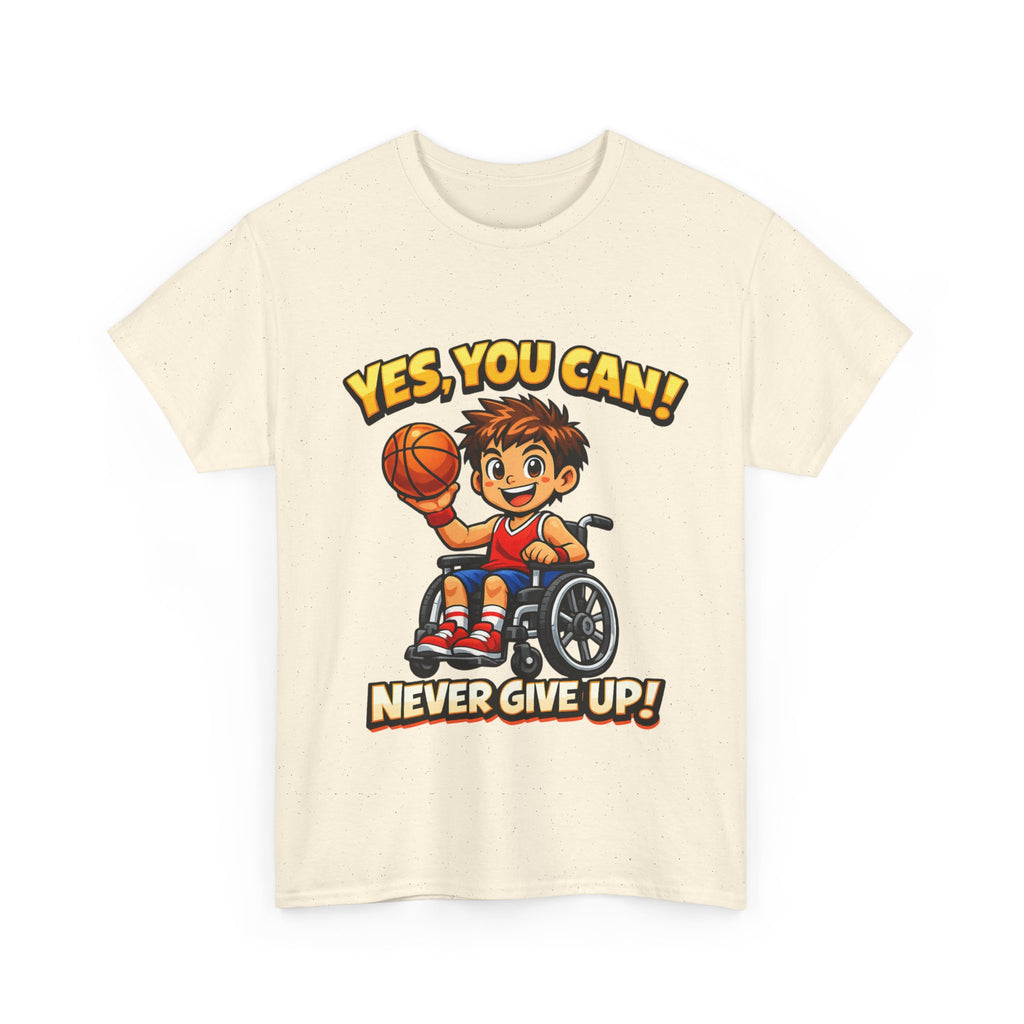 Youth Wheelchair Basketball T‑Shirt — "Yes, You Can! Never Give Up!" Motivational Tee