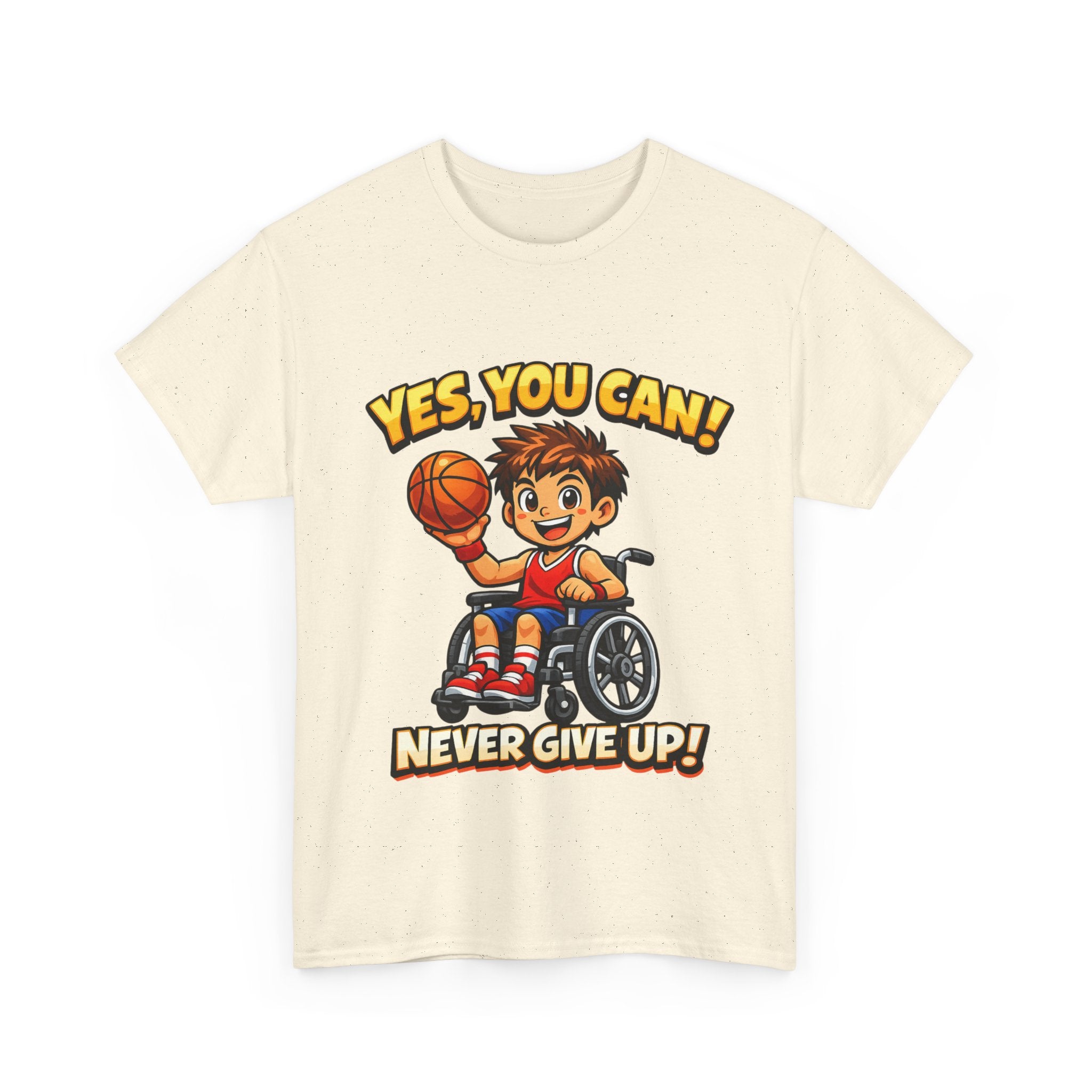 Youth Wheelchair Basketball T‑Shirt — "Yes, You Can! Never Give Up!" Motivational Tee