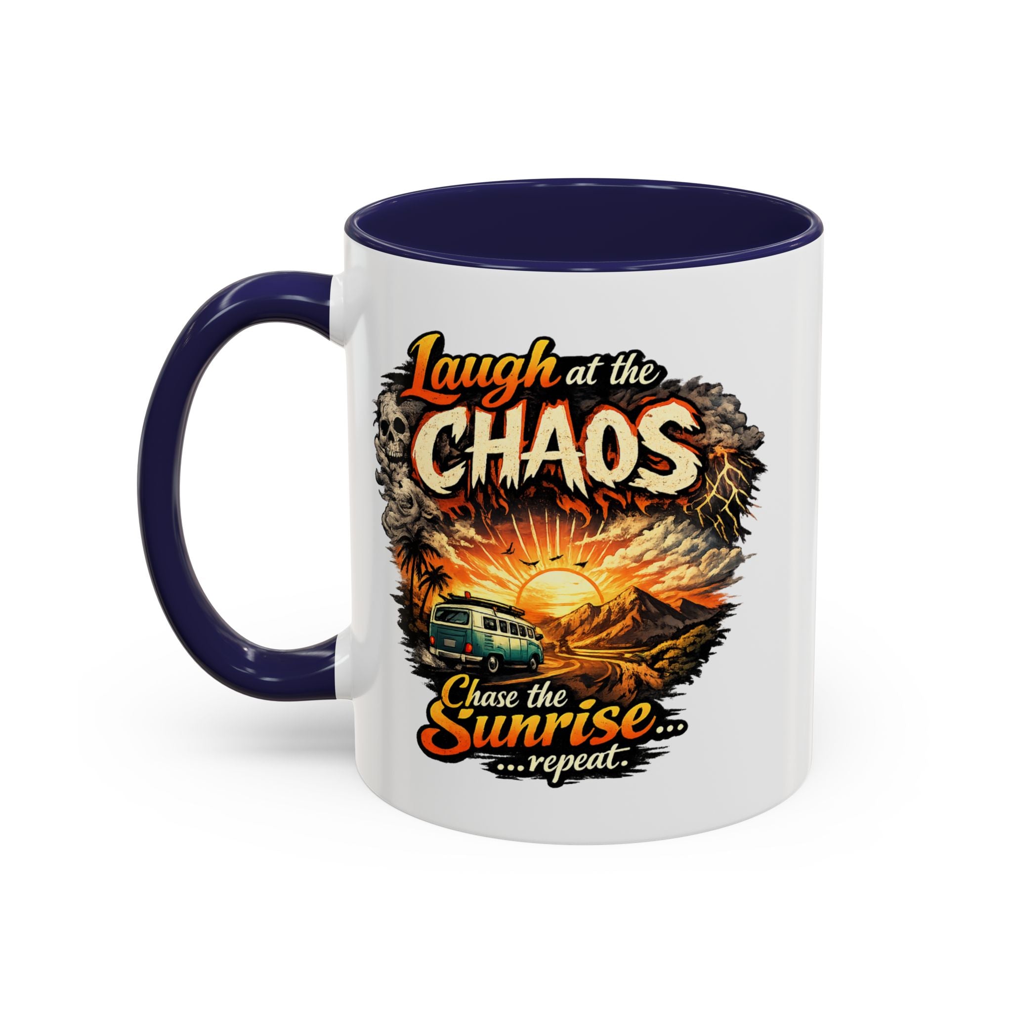 Laugh at the Chaos Sunrise Accent Coffee Mug — Retro Beach Camper Coffee Cup (11/15 oz)