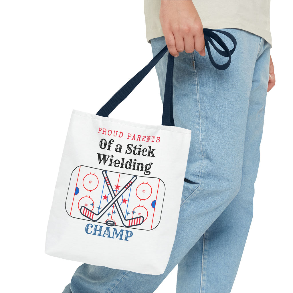 Hockey Mom/Dad Tote — "Proud Parents of a Stick Wielding Champ" Tote Bag