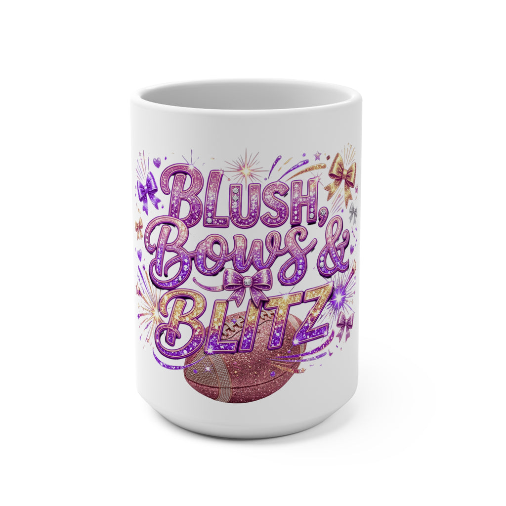 Blush, Bows & Blitz Football Mug — Sparkly Pink Cheerleader Game Day 15oz Ceramic