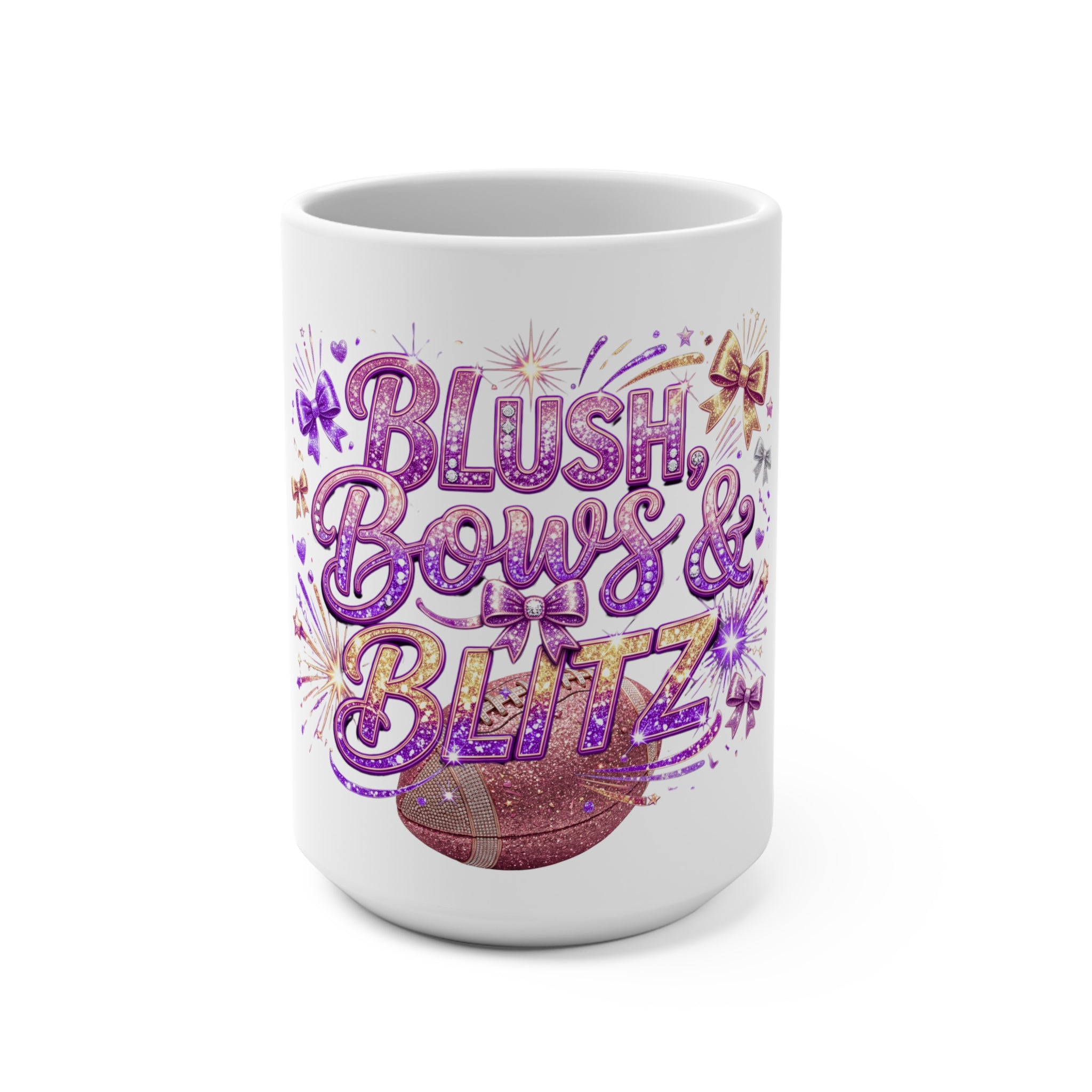 Blush, Bows & Blitz Football Mug — Sparkly Pink Cheerleader Game Day 15oz Ceramic