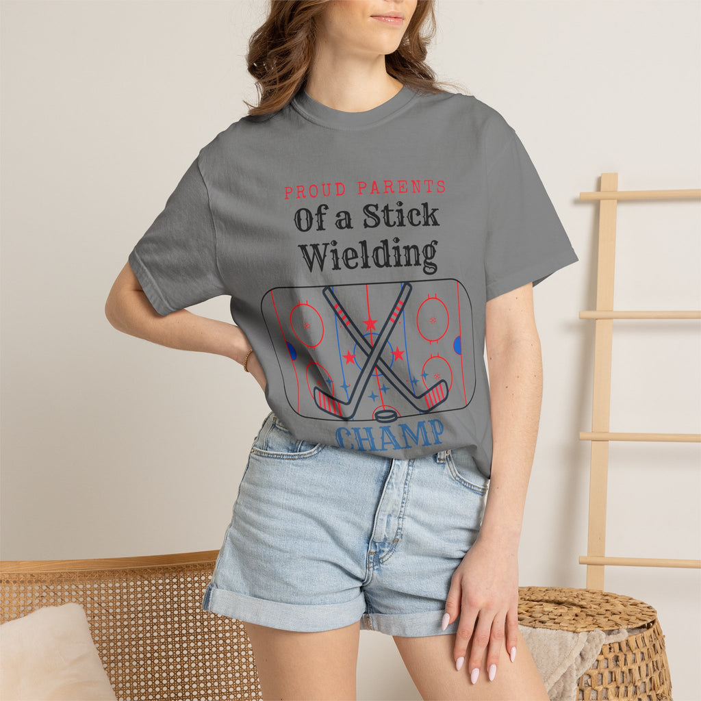 Proud Parents Of a Stick Wielding Champ T-Shirt — Hockey Mom/Dad Tee