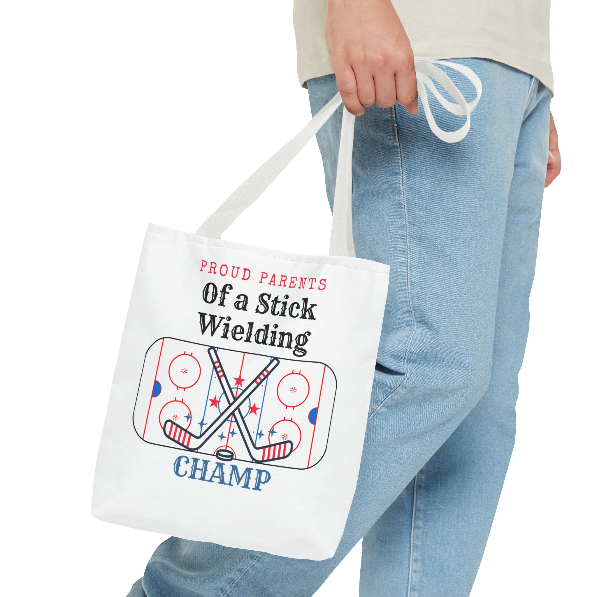 Hockey Mom/Dad Tote — "Proud Parents of a Stick Wielding Champ" Tote Bag