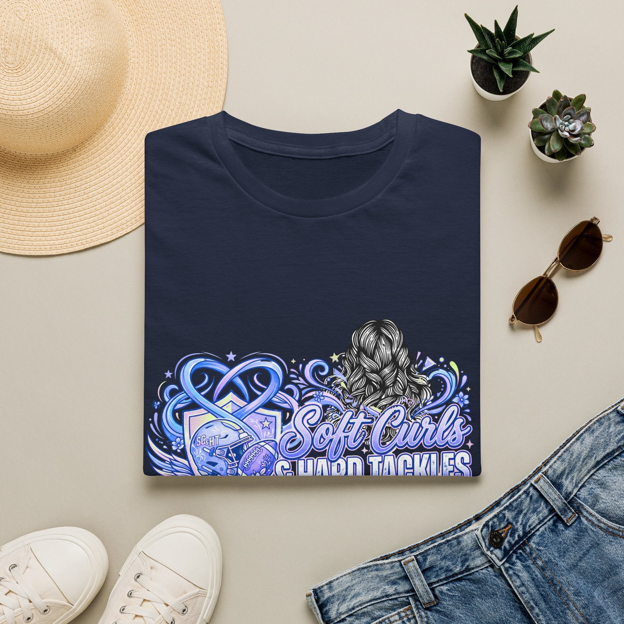 Soft Curls, Sharp Tackles T-Shirt — Women’s Football Mom Graphic Tee