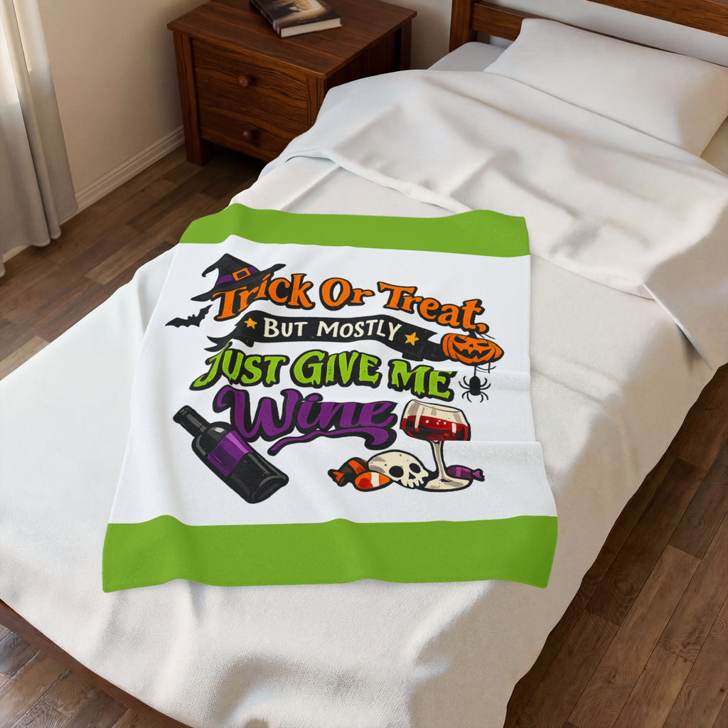 Halloween Wine Plush Blanket – “Trick Or Treat But Mostly Just Give Me Wine” Velveteen Throw