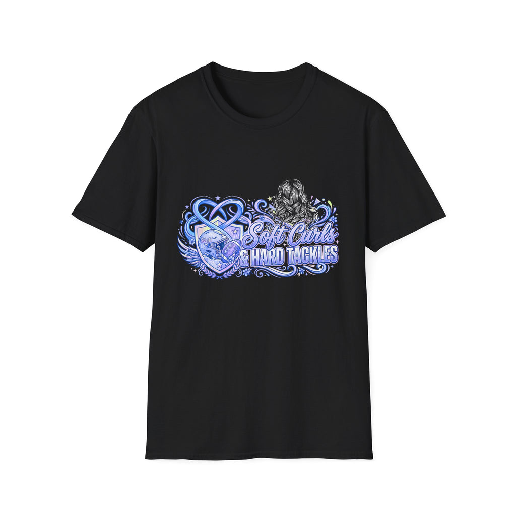 Soft Curls, Sharp Tackles T-Shirt — Women’s Football Mom Graphic Tee
