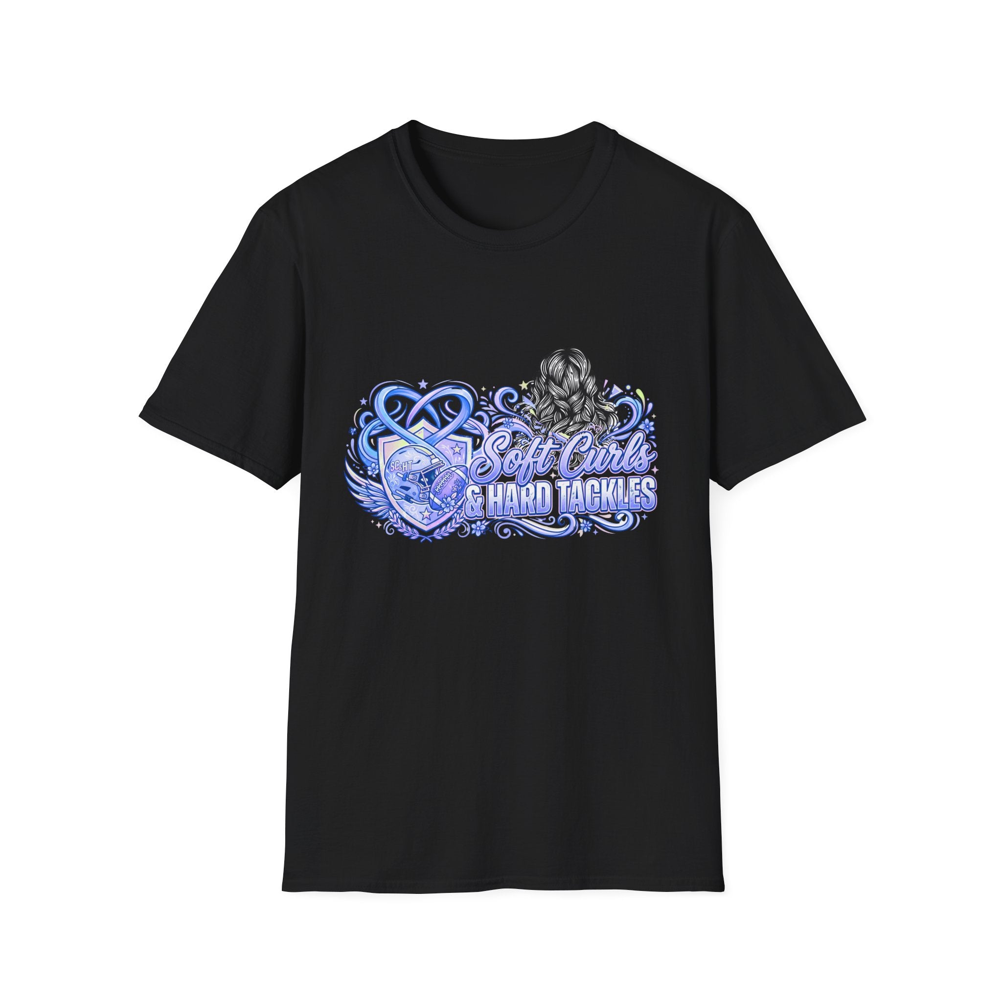 Soft Curls, Sharp Tackles T-Shirt — Women’s Football Mom Graphic Tee