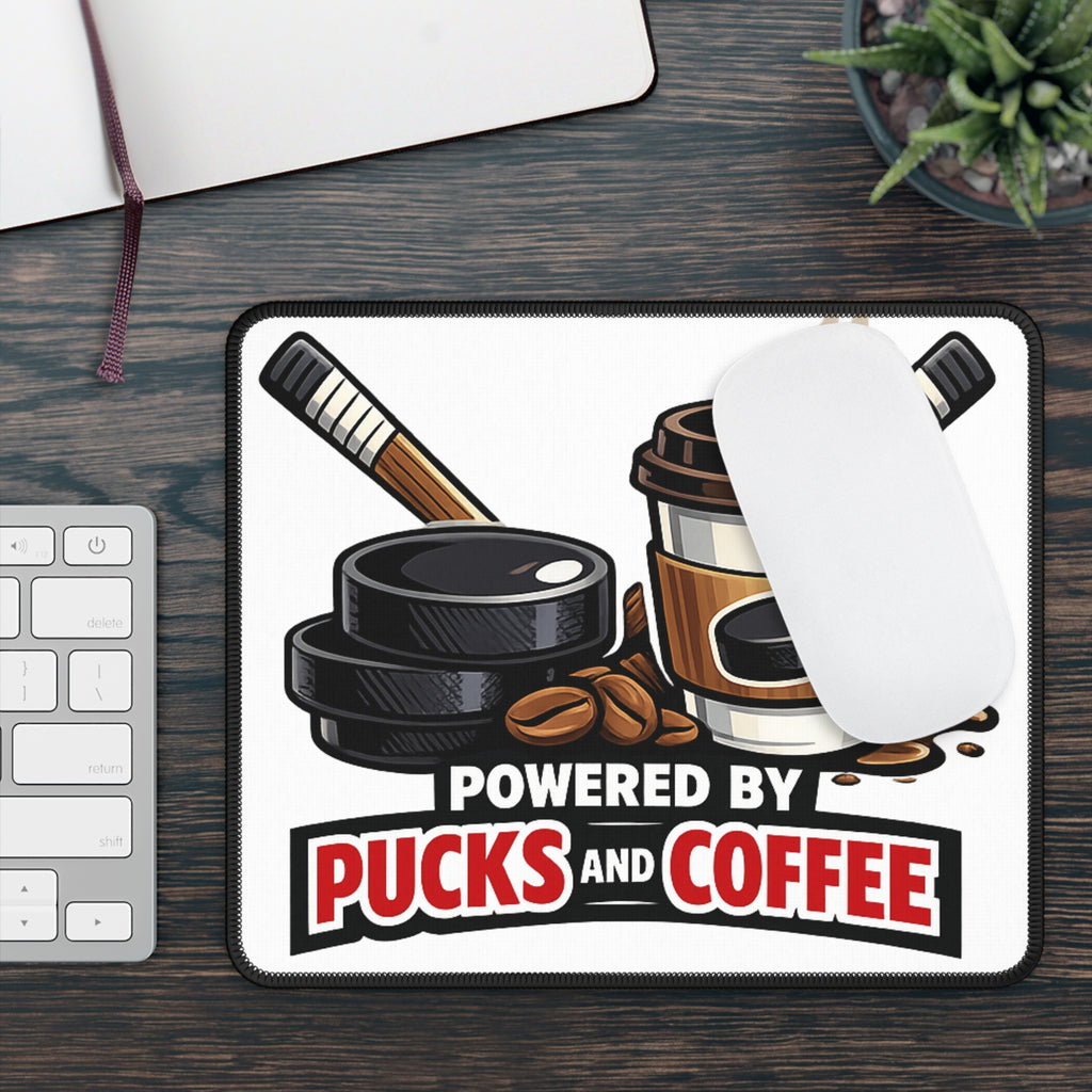 Gaming Mouse Pad — "Powered by Pucks and Coffee" Hockey Coffee Lover Mousepad