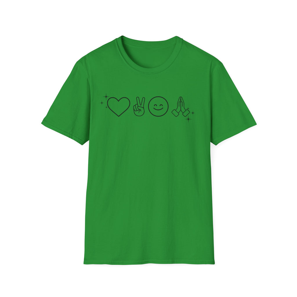 Peace Love Pray Minimal Emoji T‑Shirt — Heart, Peace, Smile, Praying Hands Graphic Tee