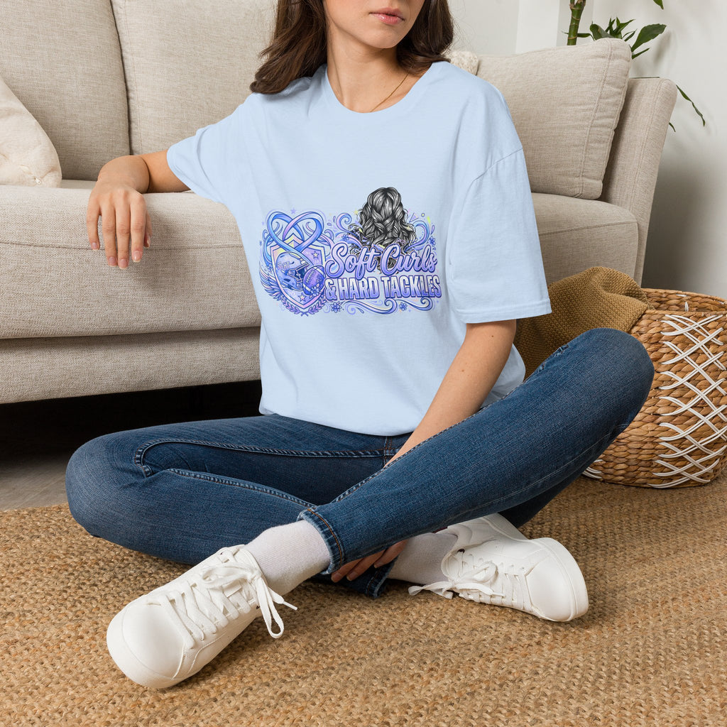 Soft Curls, Sharp Tackles T-Shirt — Women’s Football Mom Graphic Tee