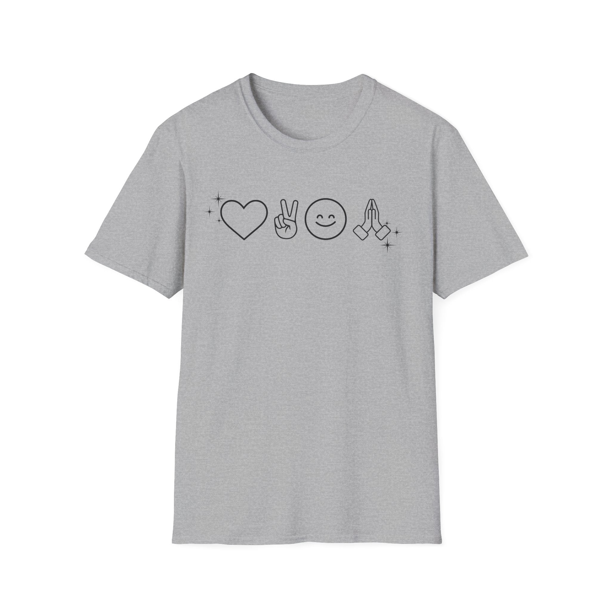 Peace Love Pray Minimal Emoji T‑Shirt — Heart, Peace, Smile, Praying Hands Graphic Tee