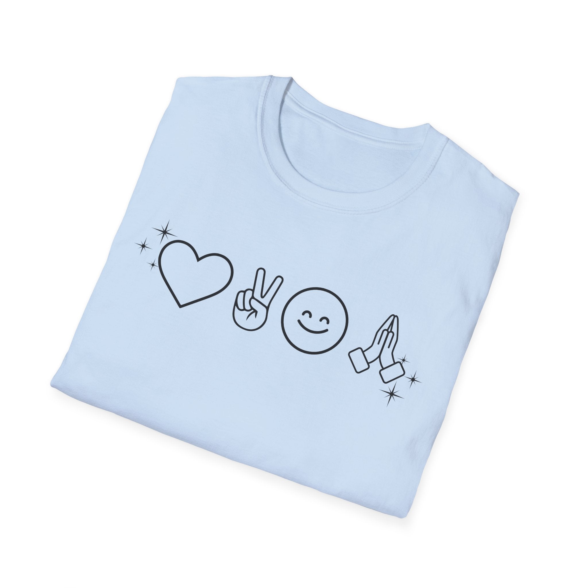 Peace Love Pray Minimal Emoji T‑Shirt — Heart, Peace, Smile, Praying Hands Graphic Tee