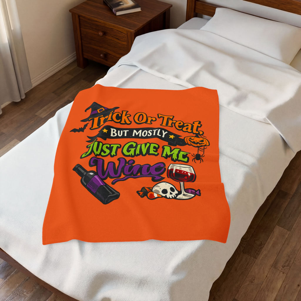 Velveteen Plush Blanket - 'Trick or Treat But Mostly Just Give Me Wine' Halloween Wine Lover Throw