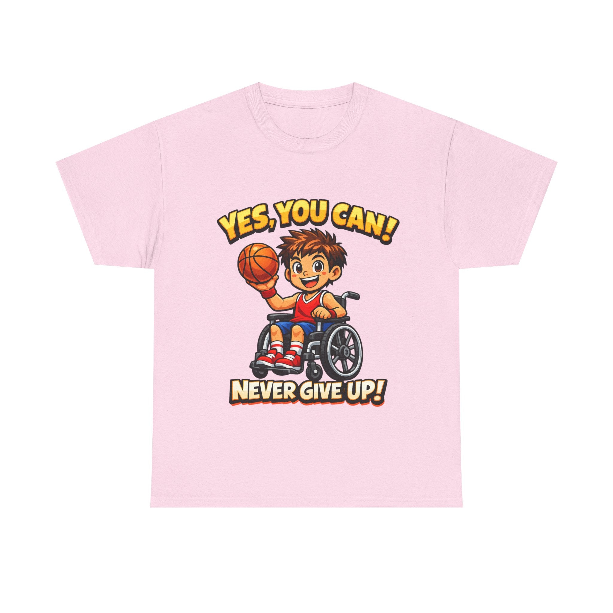 Youth Wheelchair Basketball T‑Shirt — "Yes, You Can! Never Give Up!" Motivational Tee