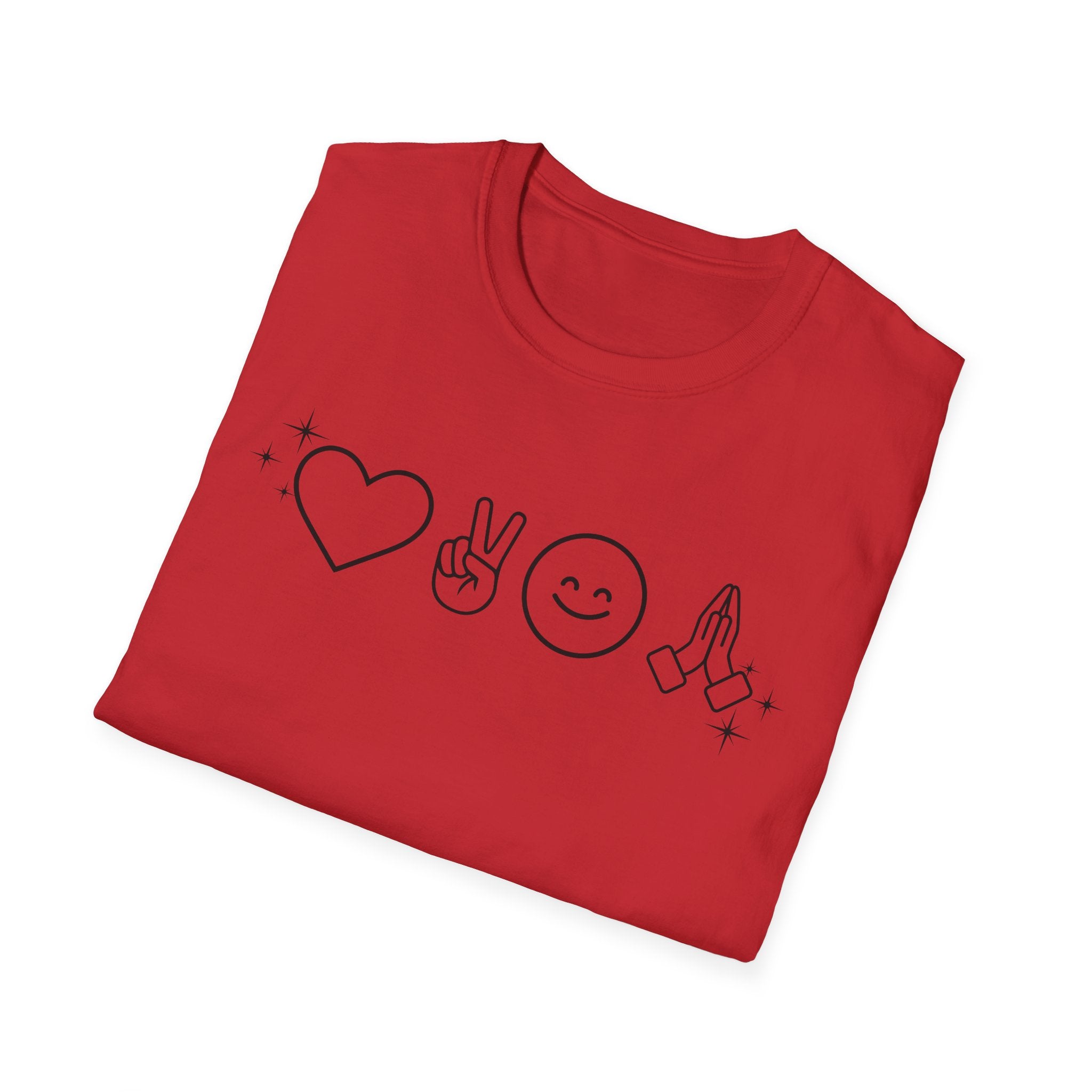 Peace Love Pray Minimal Emoji T‑Shirt — Heart, Peace, Smile, Praying Hands Graphic Tee