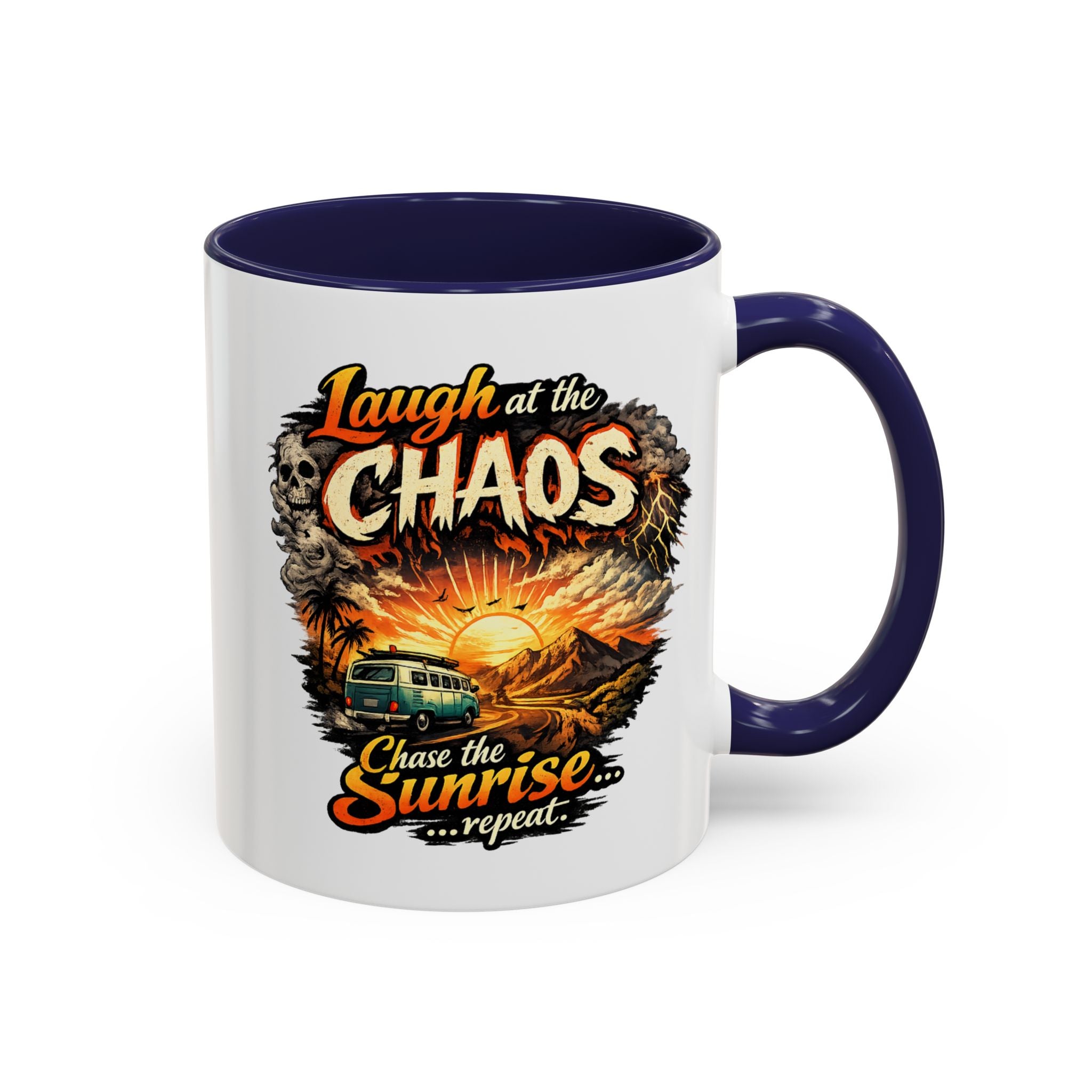 Laugh at the Chaos Sunrise Accent Coffee Mug — Retro Beach Camper Coffee Cup (11/15 oz)