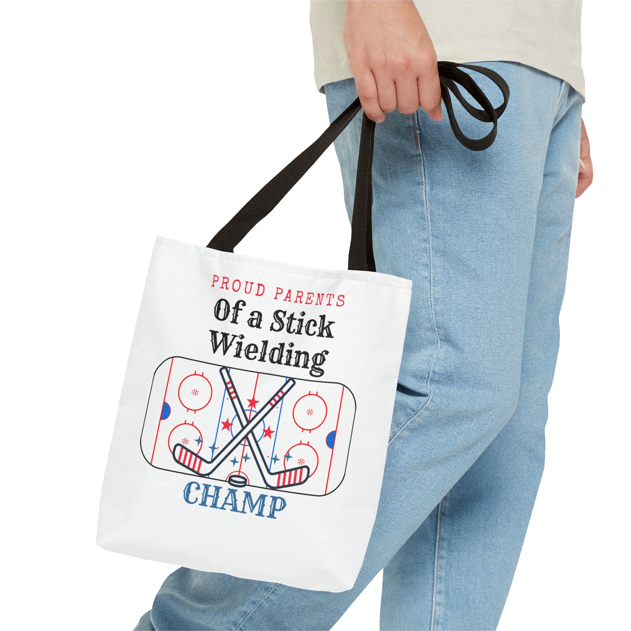 Hockey Mom/Dad Tote — "Proud Parents of a Stick Wielding Champ" Tote Bag