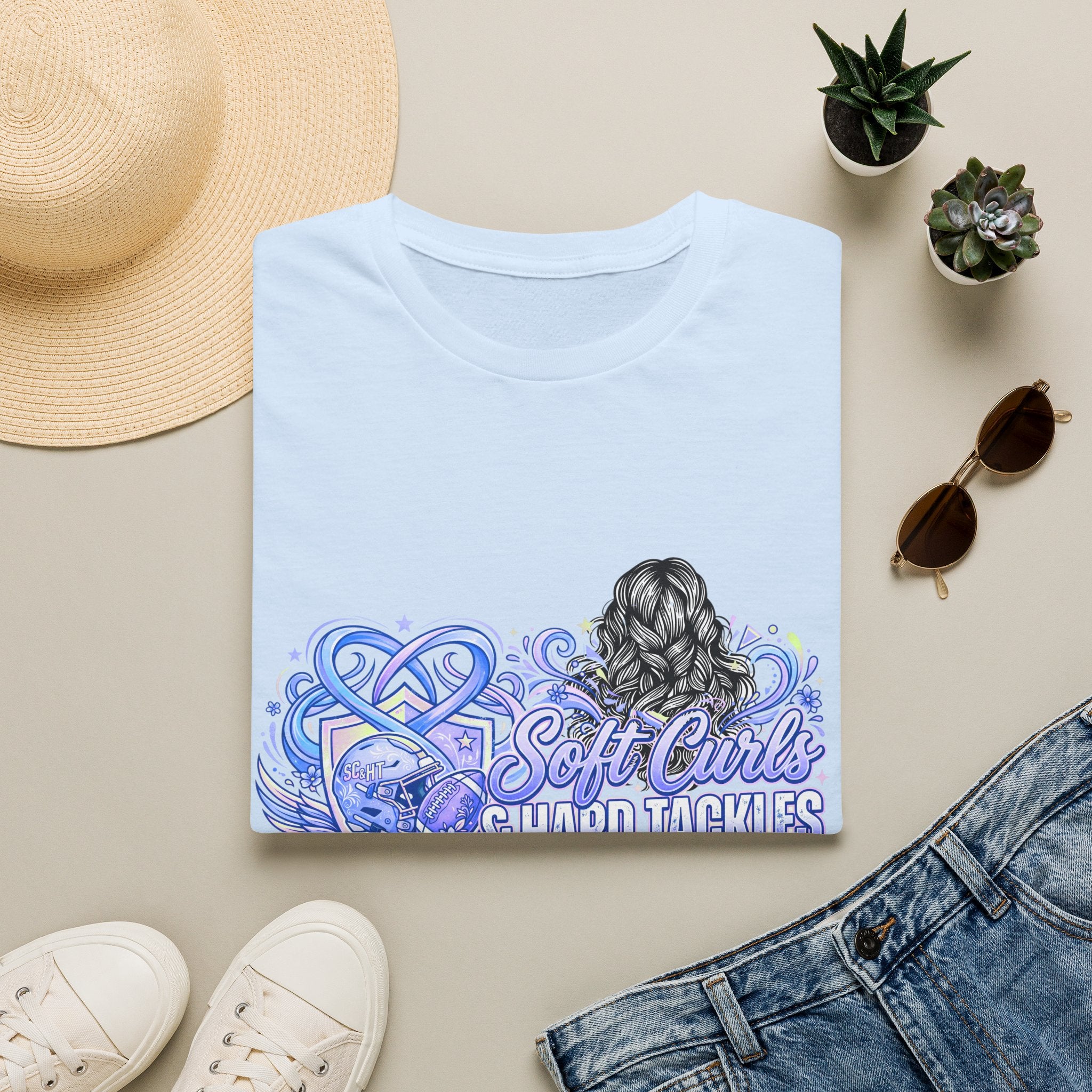 Soft Curls, Sharp Tackles T-Shirt — Women’s Football Mom Graphic Tee