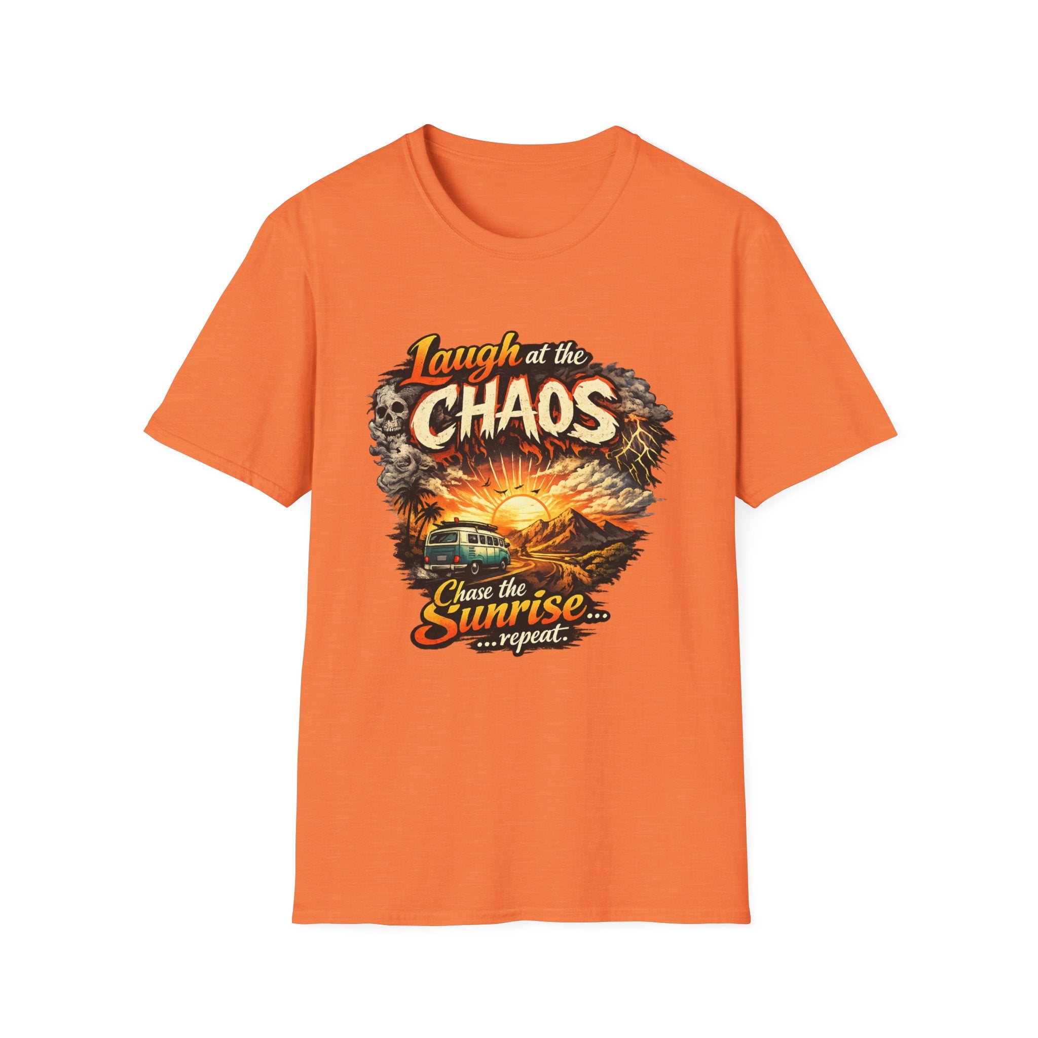 Laugh at the Chaos Sunset Road Trip T-Shirt — "Chase the Sunrise" Adventure Tee