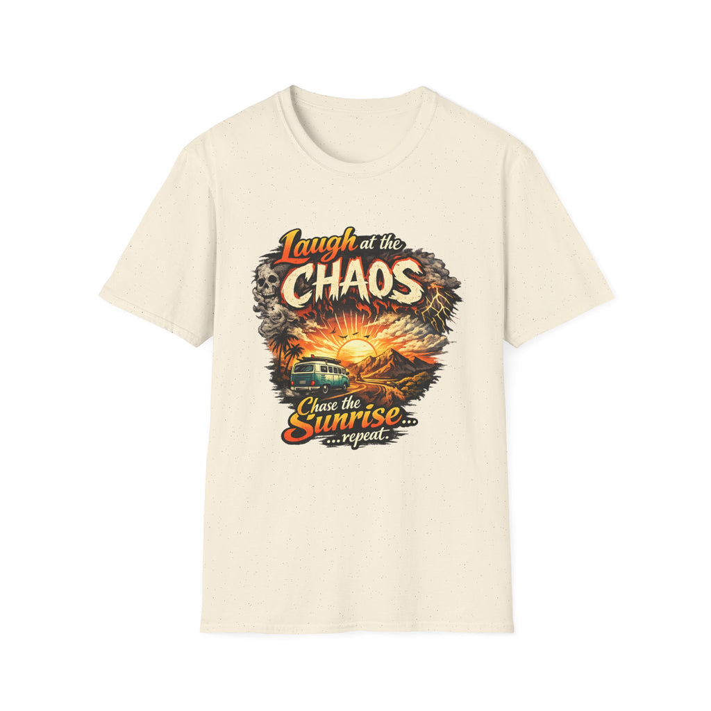 Laugh at the Chaos Sunset Road Trip T-Shirt — "Chase the Sunrise" Adventure Tee
