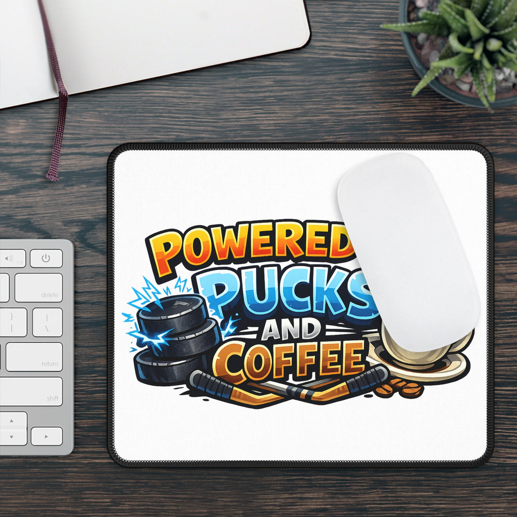 Gaming Mouse Pad — "Powered by Pucks and Coffee" Hockey Gamer Desk Mat