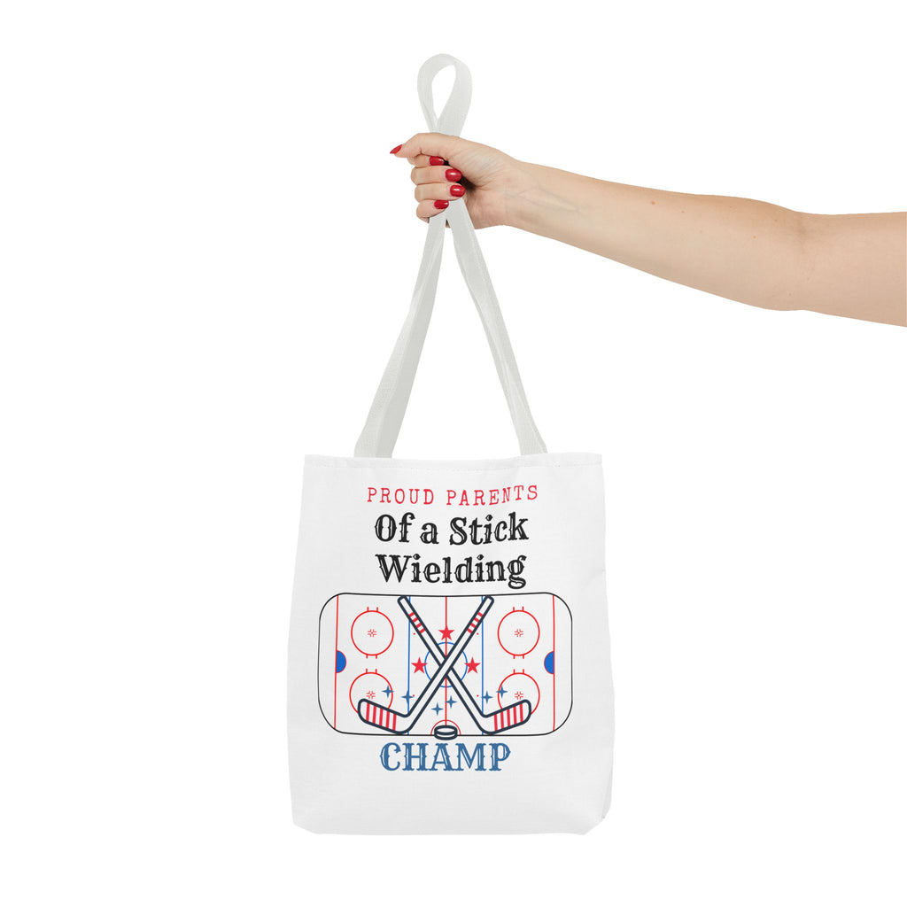 Hockey Mom/Dad Tote — "Proud Parents of a Stick Wielding Champ" Tote Bag