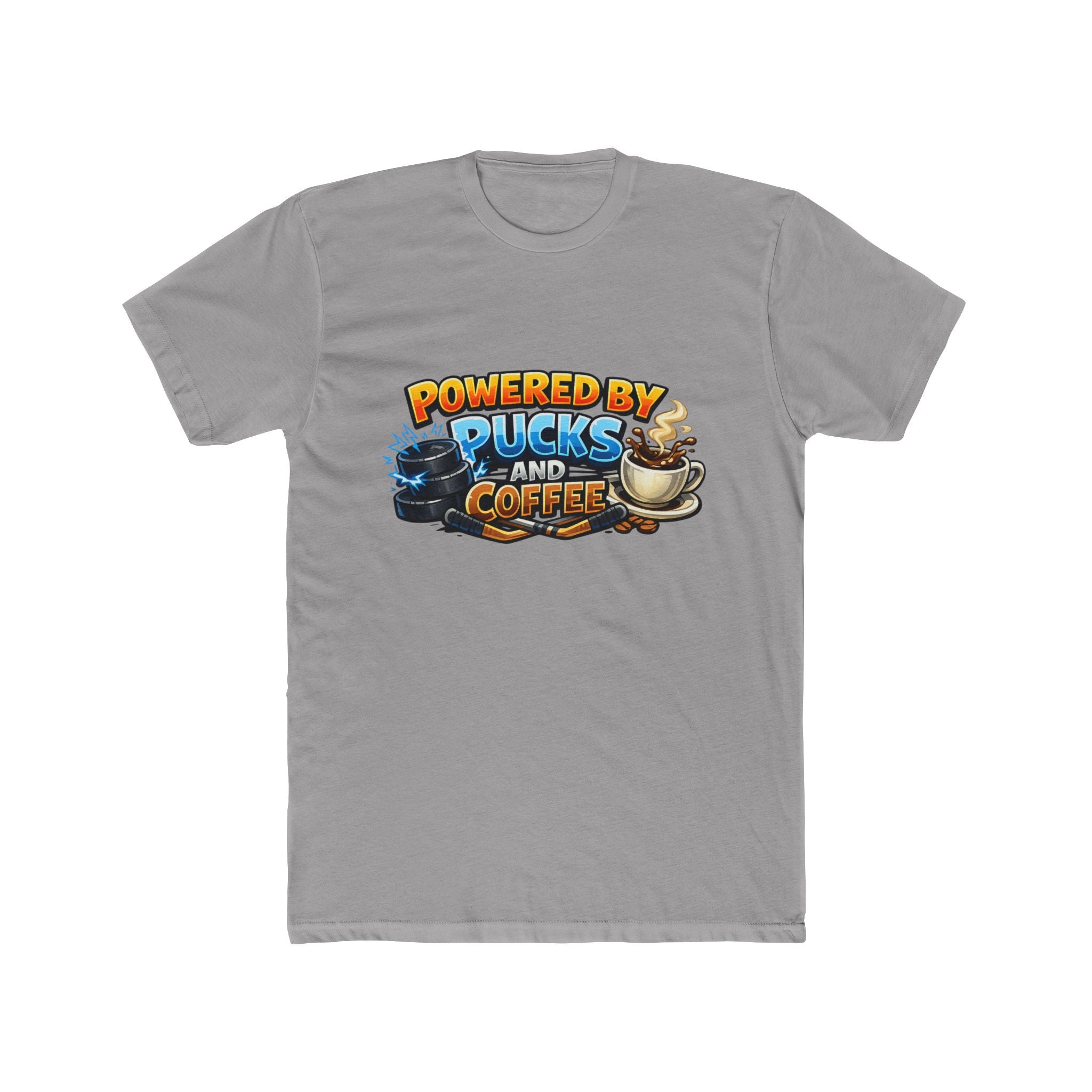 Powered by Pucks and Coffee Hockey T‑Shirt — Funny Hockey Player Gift