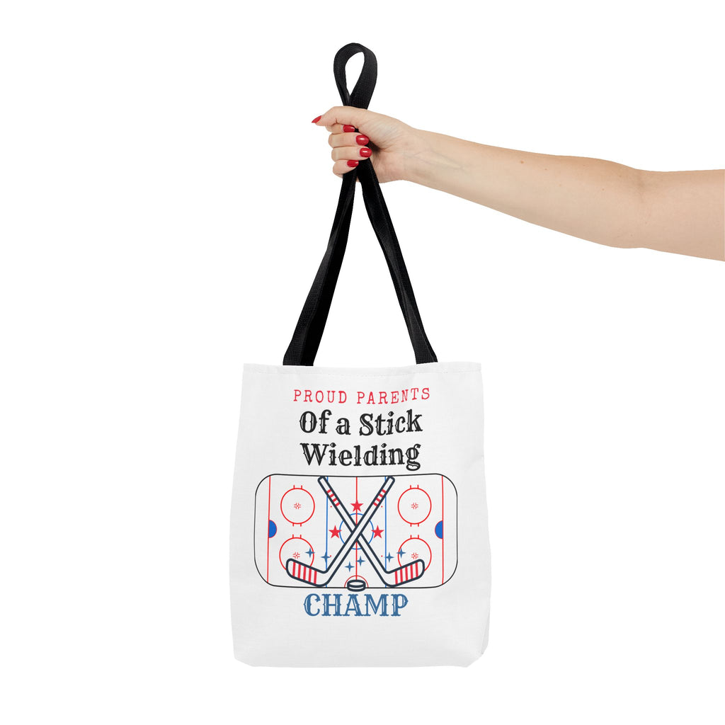 Hockey Mom/Dad Tote — "Proud Parents of a Stick Wielding Champ" Tote Bag